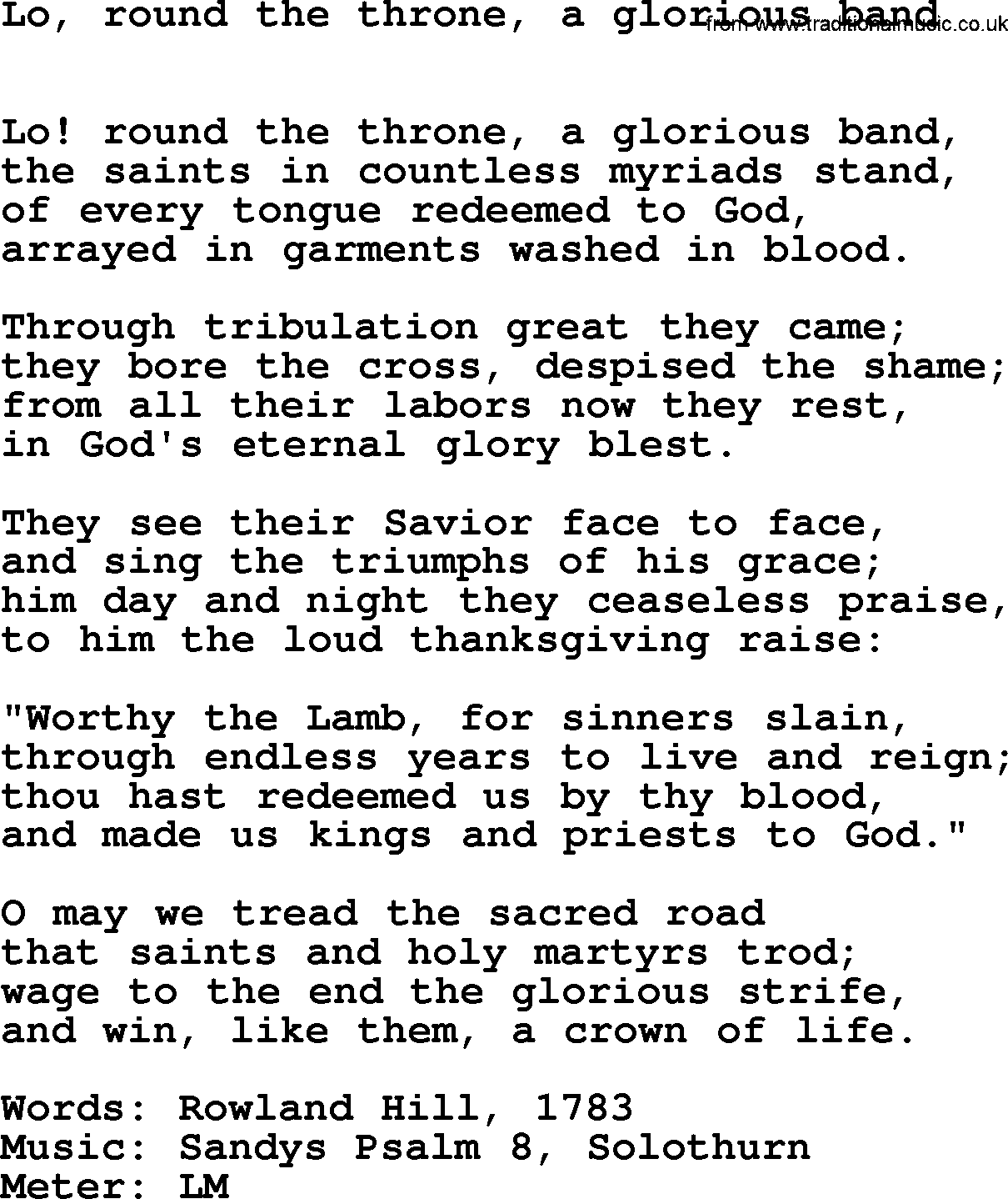 Book of Common Praise Hymn: Lo, Round The Throne, A Glorious Band.txt lyrics with midi music