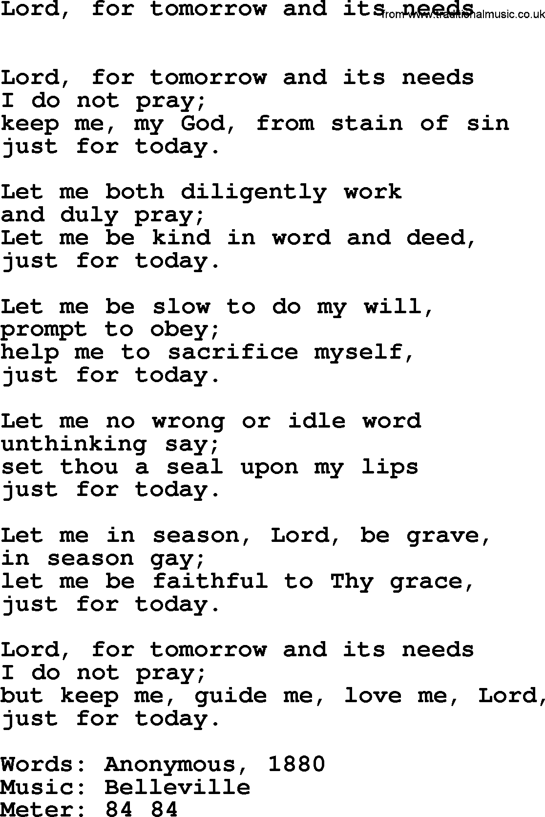 Book of Common Praise Hymn: Lord, For Tomorrow And Its Needs.txt lyrics with midi music