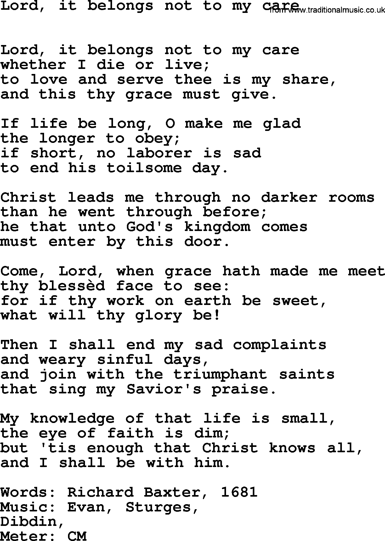 Book of Common Praise Hymn: Lord, It Belongs Not To My Care.txt lyrics with midi music