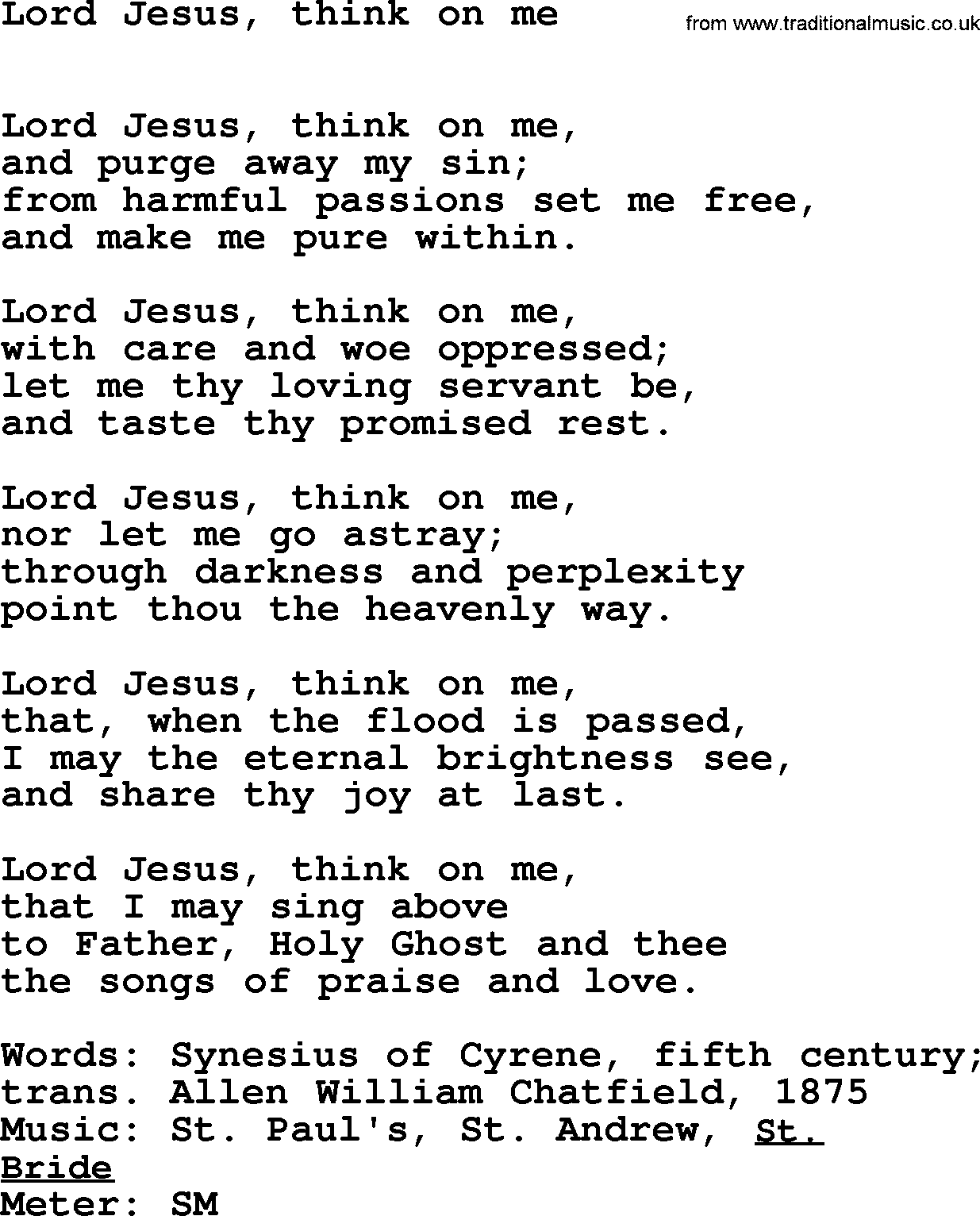 Book of Common Praise Hymn: Lord Jesus, Think On Me.txt lyrics with midi music