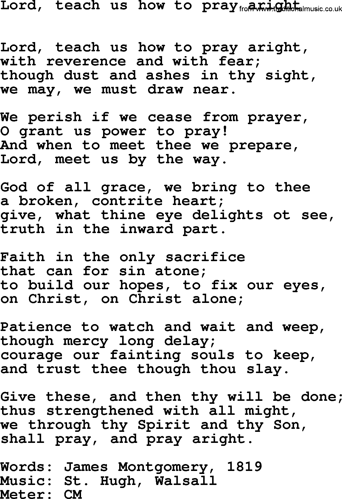 Book of Common Praise Hymn: Lord, Teach Us How To Pray Aright.txt lyrics with midi music