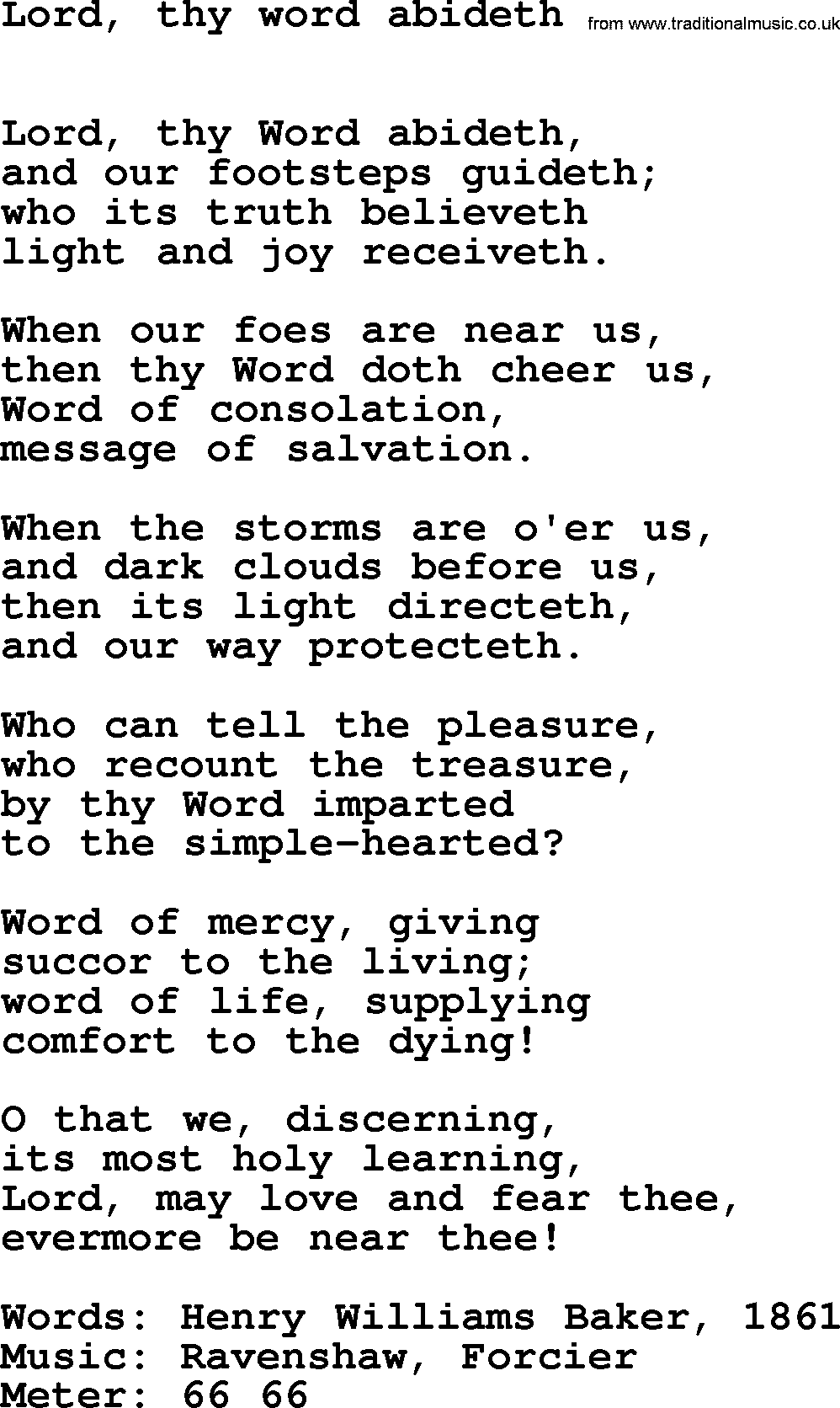 Book of Common Praise Hymn: Lord, Thy Word Abideth.txt lyrics with midi music