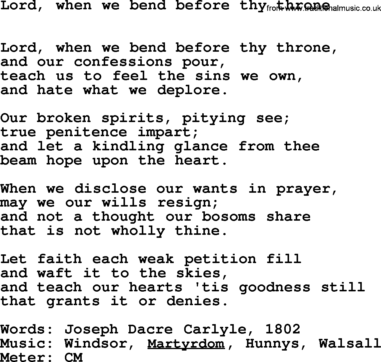 Book of Common Praise Hymn: Lord, When We Bend Before Thy Throne.txt lyrics with midi music