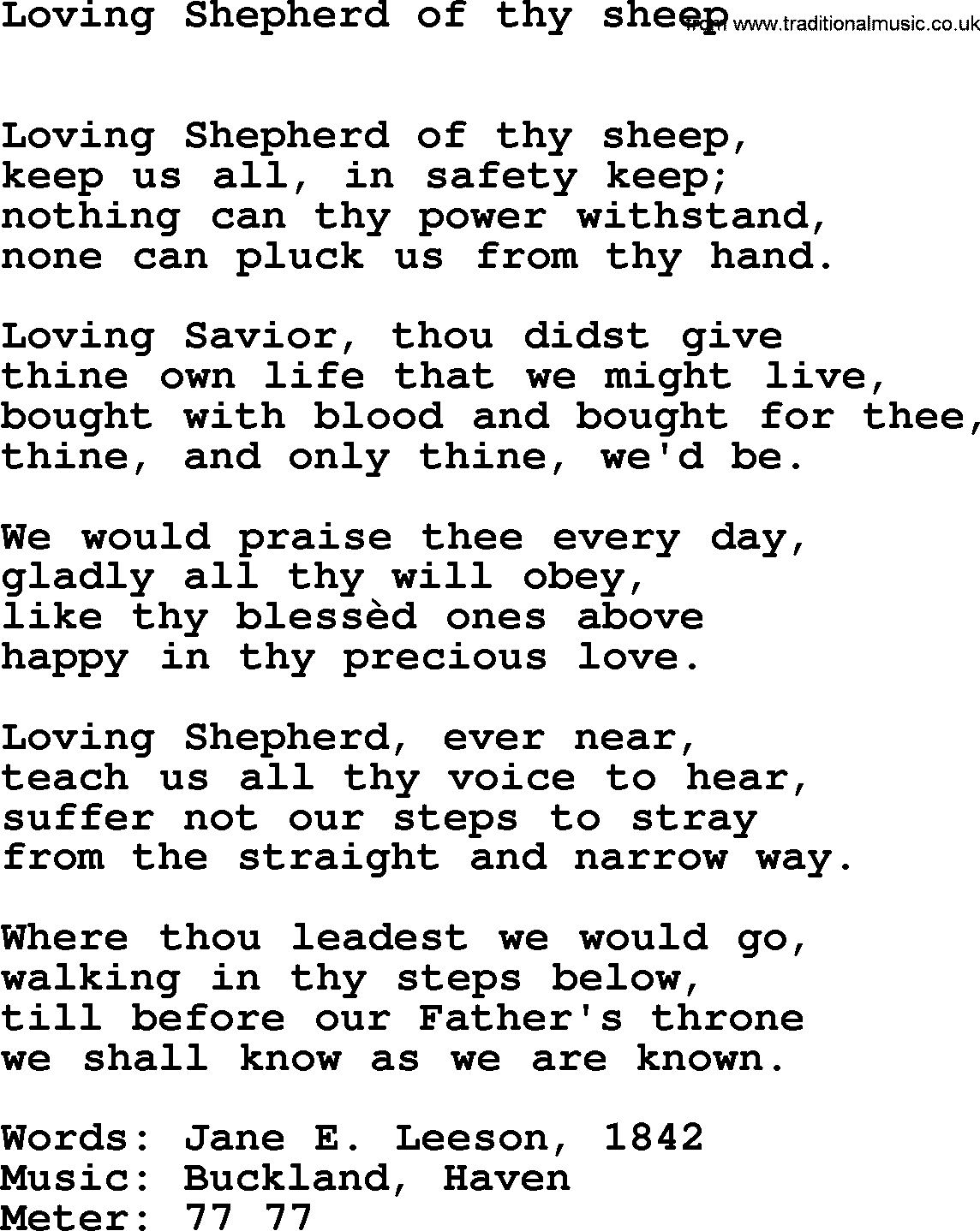 Book of Common Praise Hymn: Loving Shepherd Of Thy Sheep.txt lyrics with midi music
