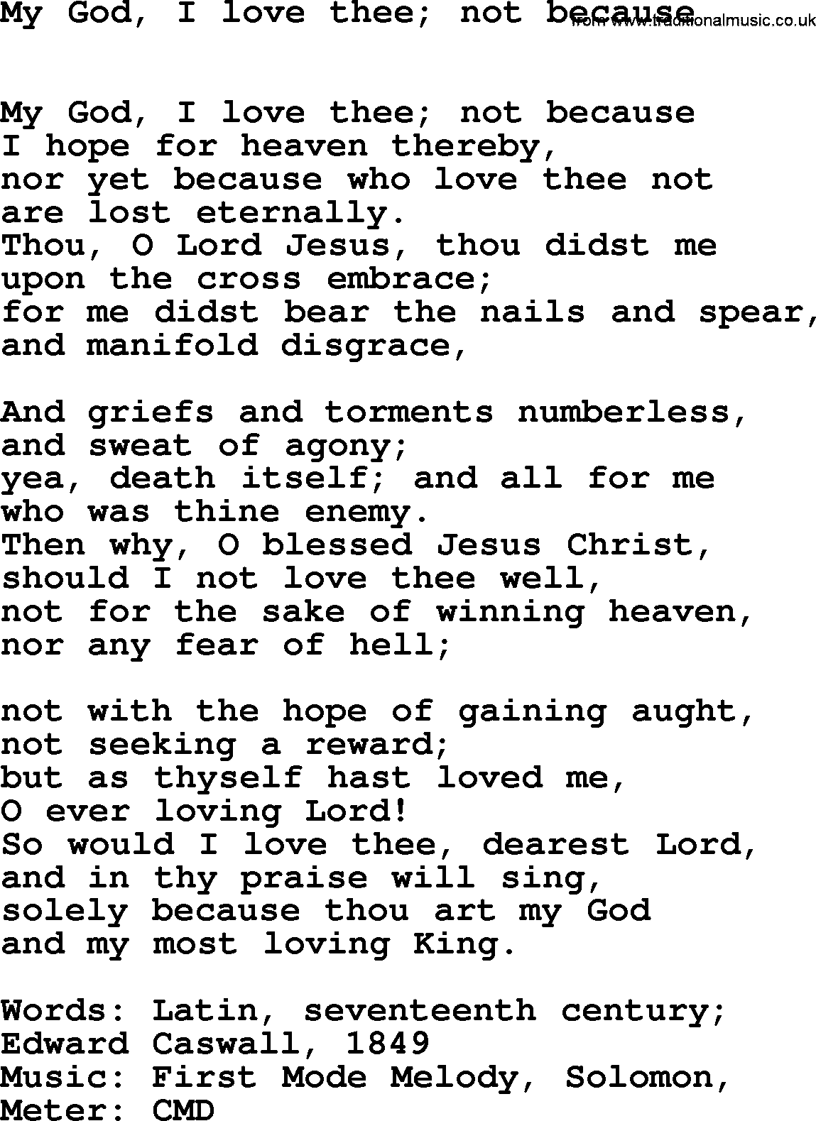 Book of Common Praise Hymn: My God, I Love Thee; Not Because.txt lyrics with midi music