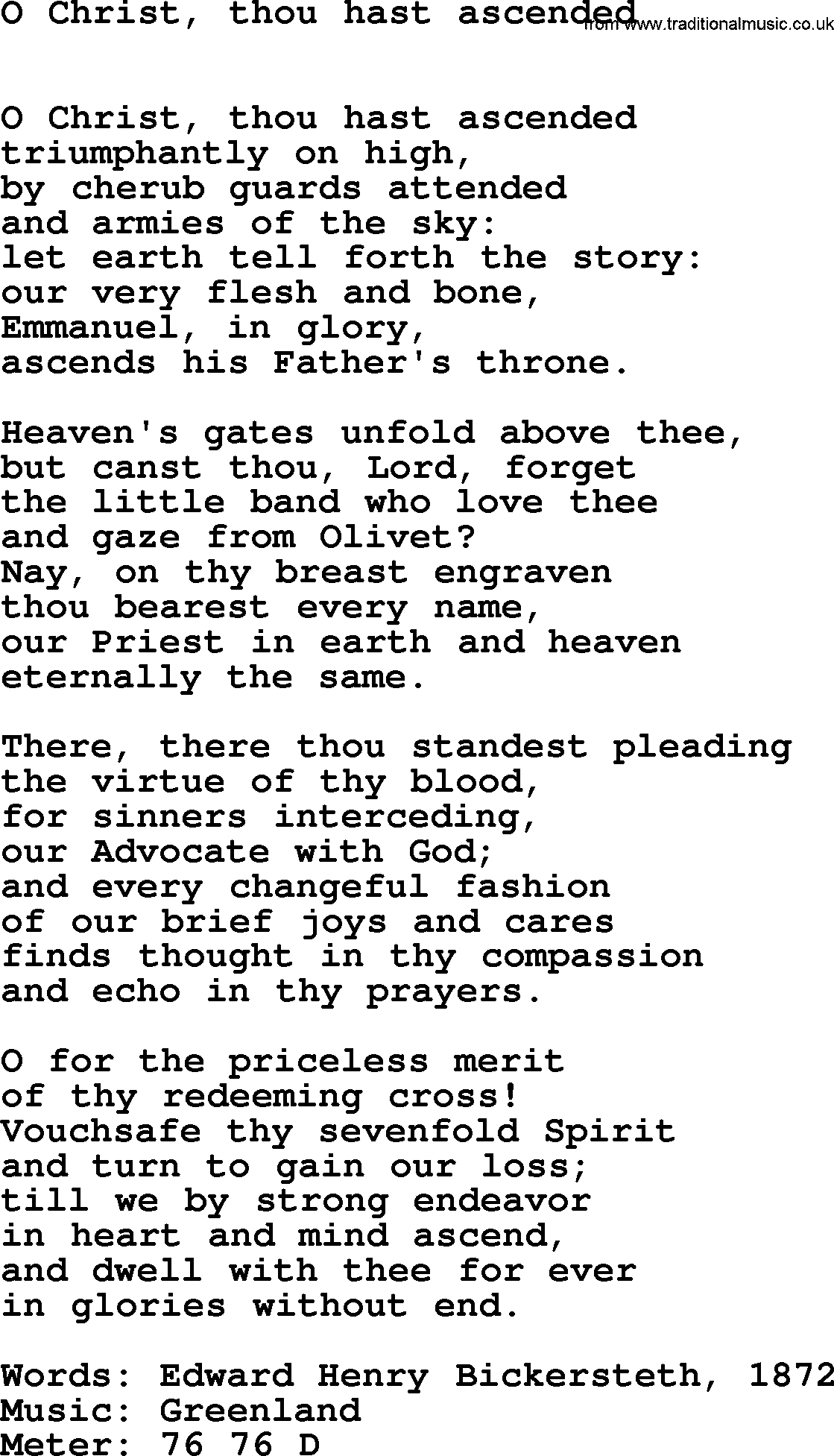 Book of Common Praise Hymn: O Christ, Thou Hast Ascended.txt lyrics with midi music
