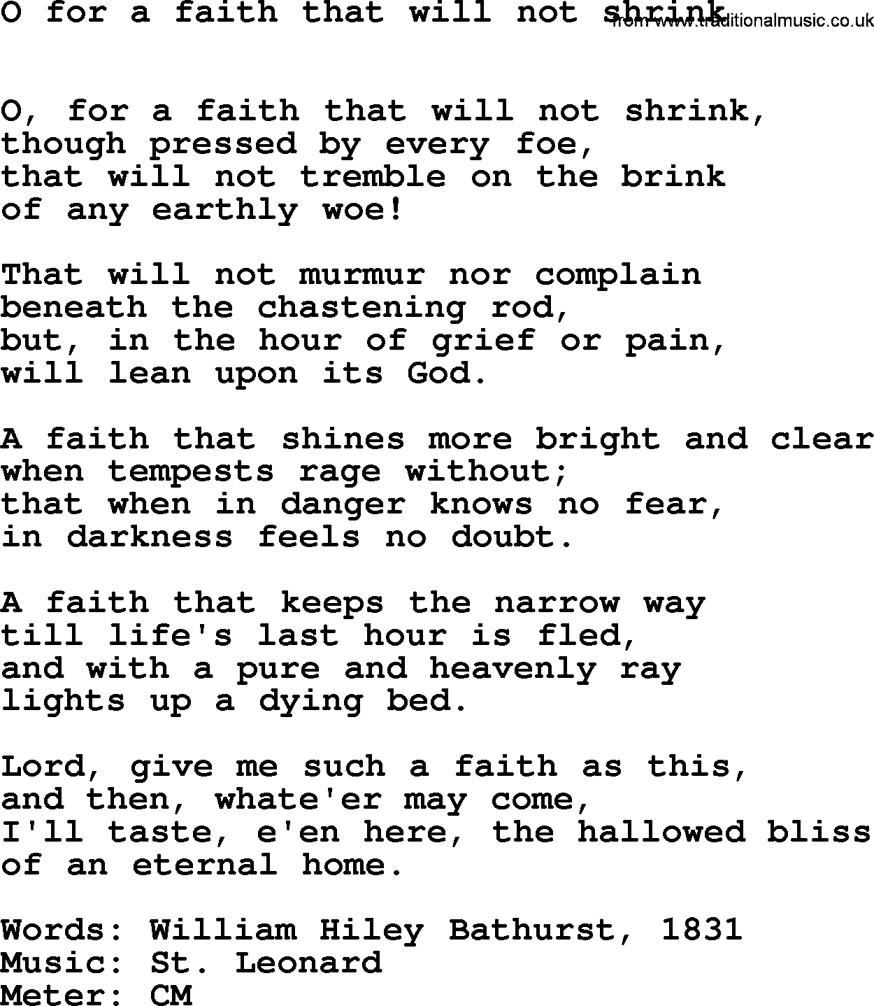 Book of Common Praise Hymn: O For A Faith That Will Not Shrink.txt lyrics with midi music