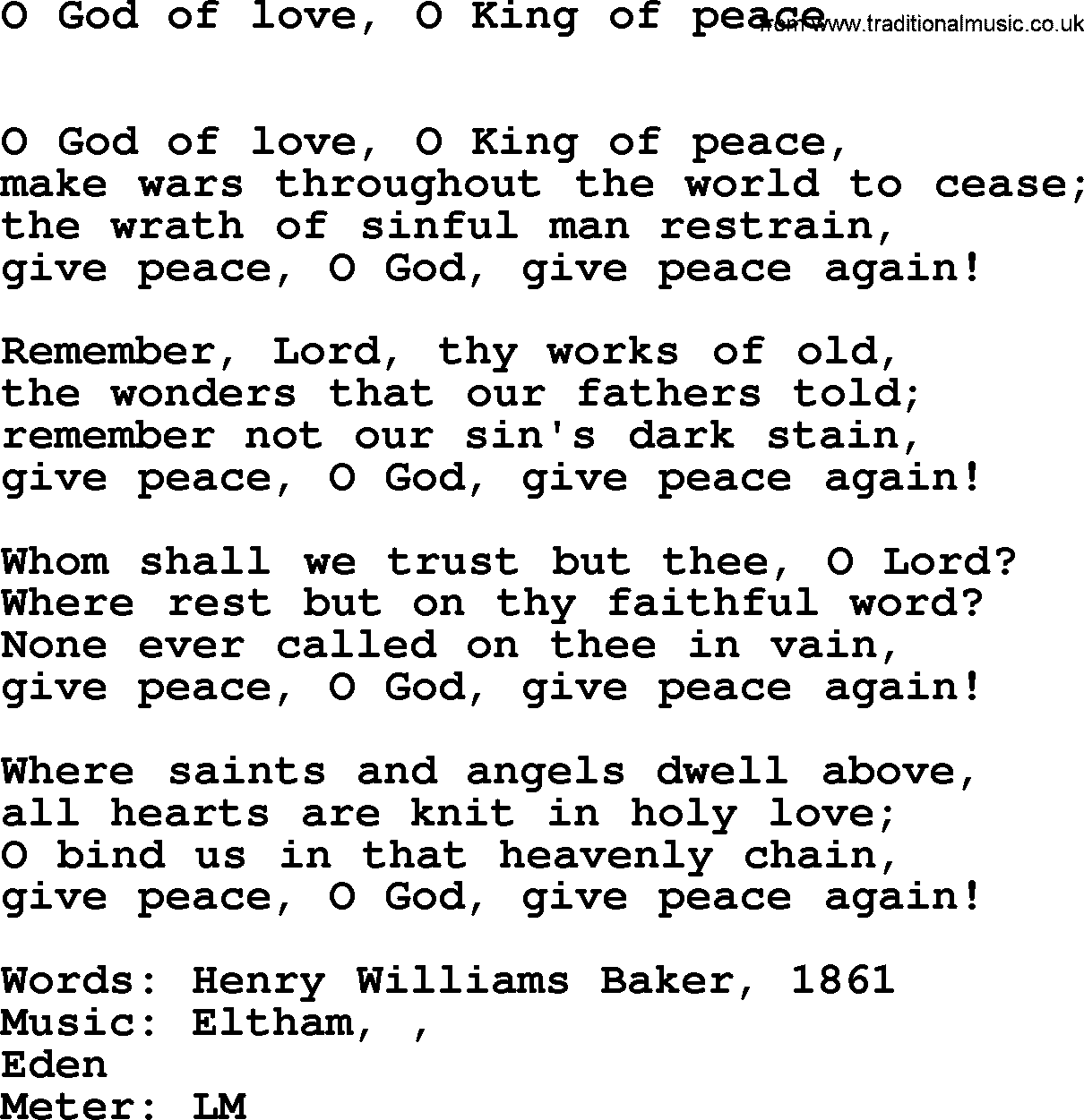 Book of Common Praise Hymn: O God Of Love, O King Of Peace.txt lyrics with midi music
