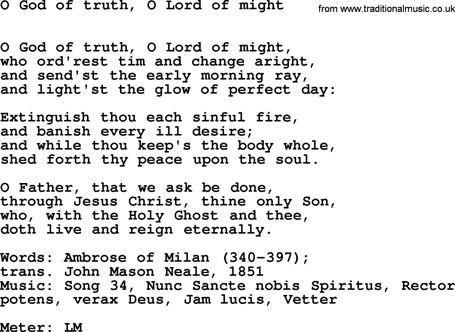 Book of Common Praise Hymn: O God Of Truth, O Lord Of Might.txt lyrics with midi music