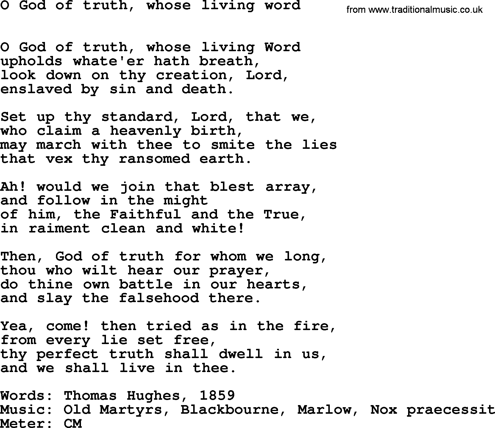 Book of Common Praise Hymn: O God Of Truth, Whose Living Word.txt lyrics with midi music