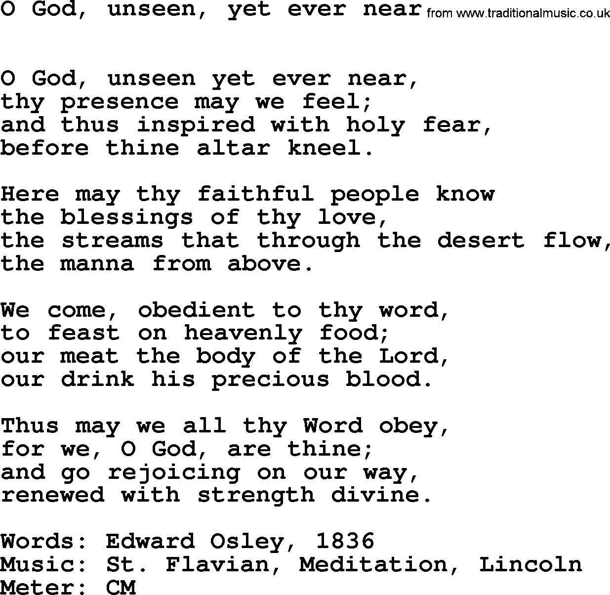 Book of Common Praise Hymn: O God, Unseen, Yet Ever Near.txt lyrics with midi music