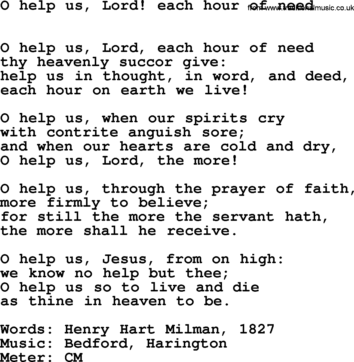 Book of Common Praise Hymn: O Help Us, Lord! Each Hour Of Need.txt lyrics with midi music