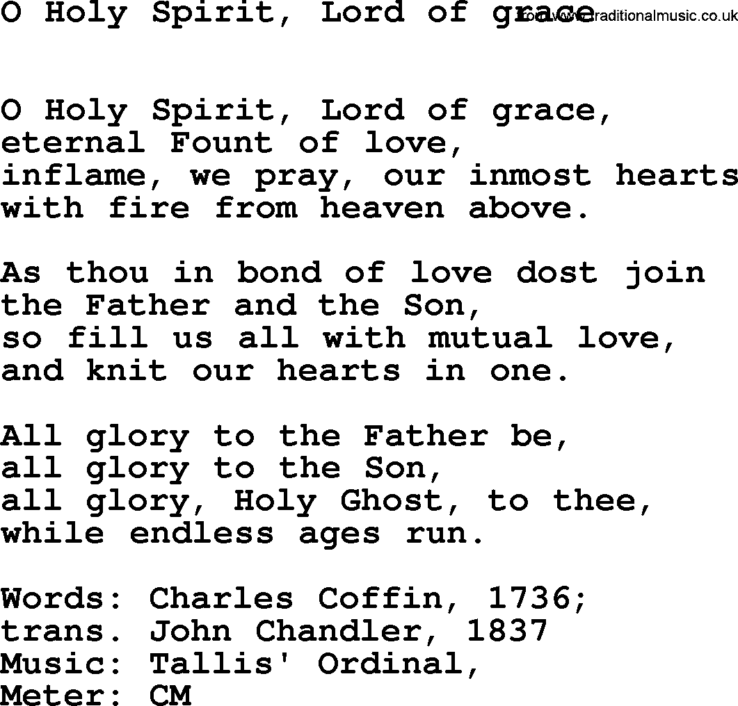 Book of Common Praise Hymn: O Holy Spirit, Lord Of Grace.txt lyrics with midi music