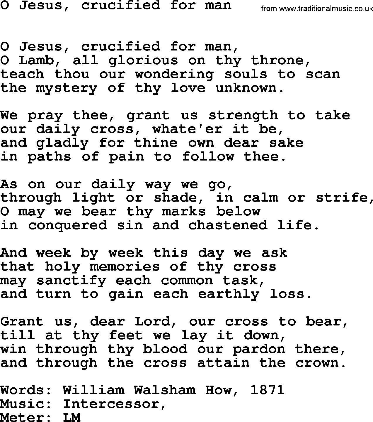 Book of Common Praise Hymn: O Jesus, Crucified For Man.txt lyrics with midi music
