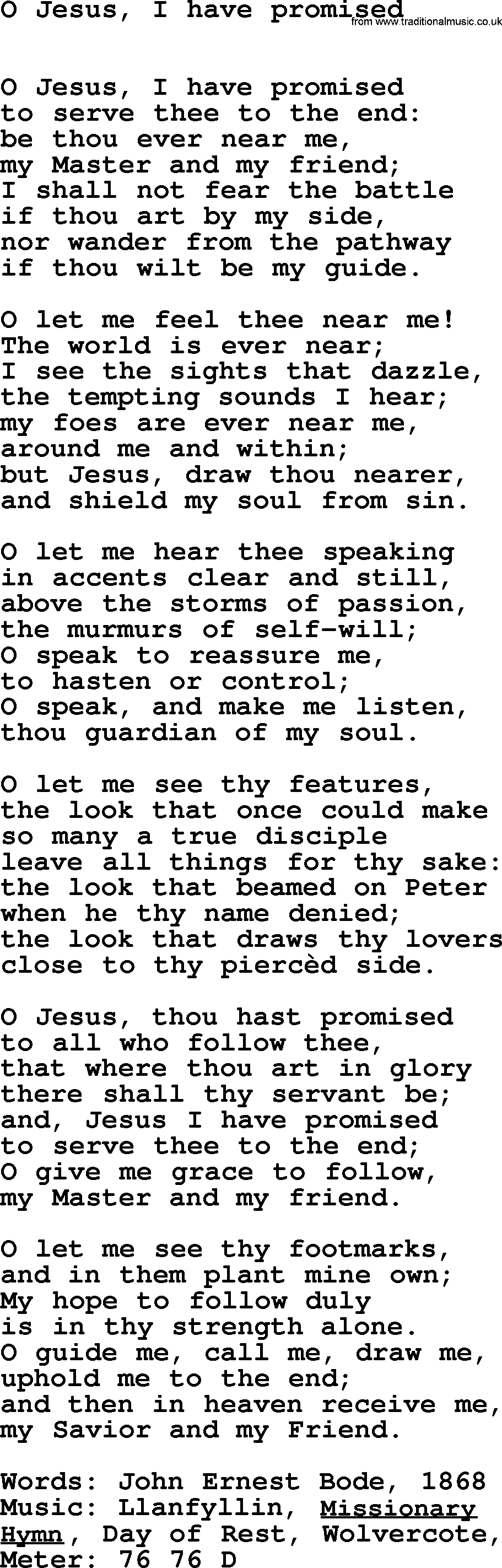 Book of Common Praise Hymn: O Jesus, I Have Promised.txt lyrics with midi music
