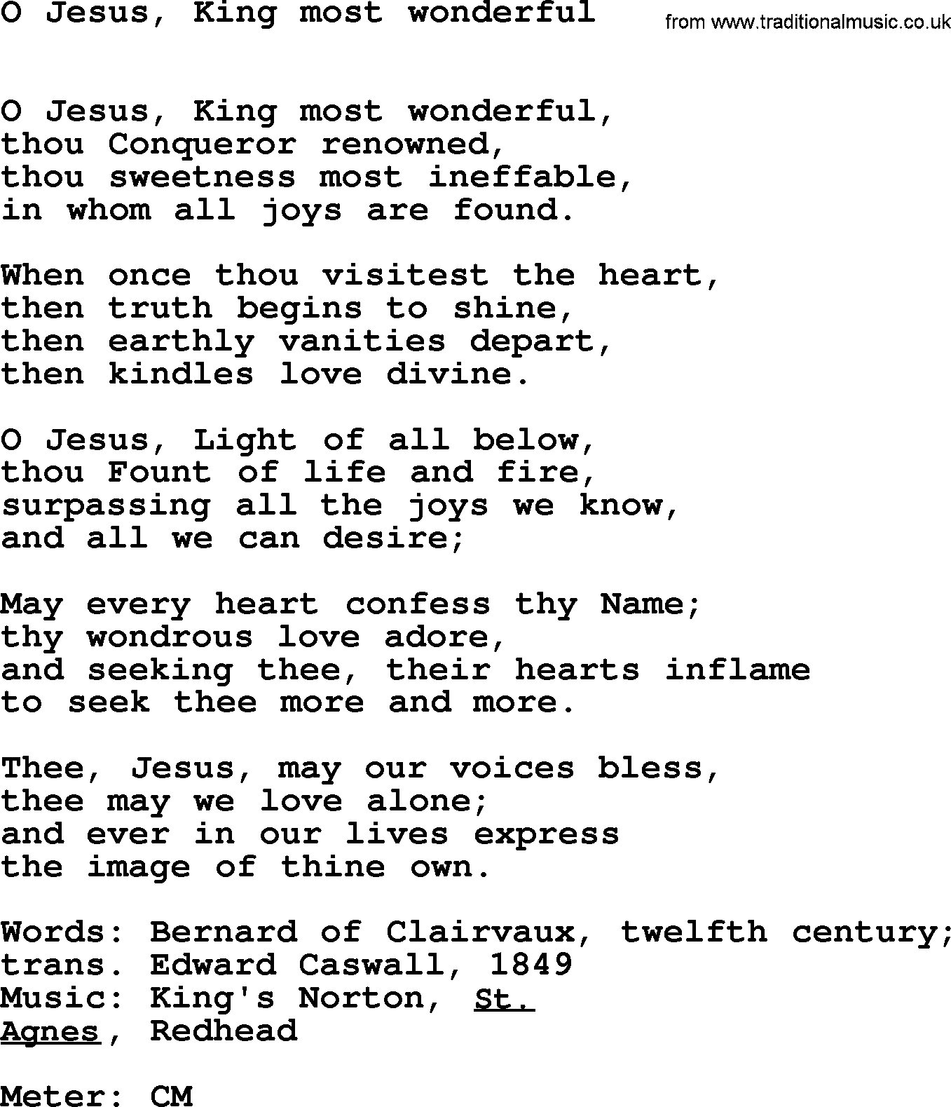 Book of Common Praise Hymn: O Jesus, King Most Wonderful.txt lyrics with midi music