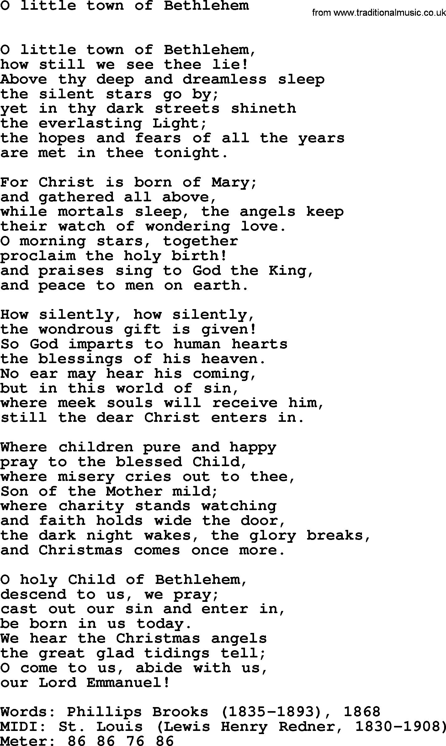 Book of Common Praise Hymn: O Little Town Of Bethlehem.txt lyrics with midi music