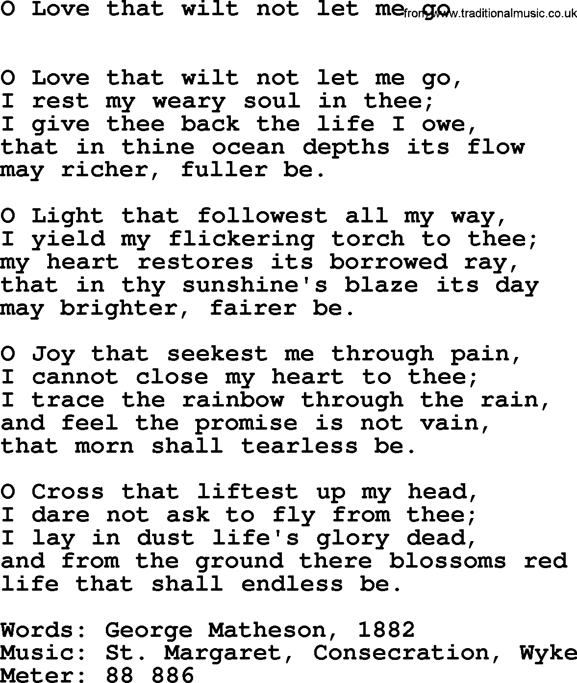 Book of Common Praise Hymn: O Love That Wilt Not Let Me Go.txt lyrics with midi music