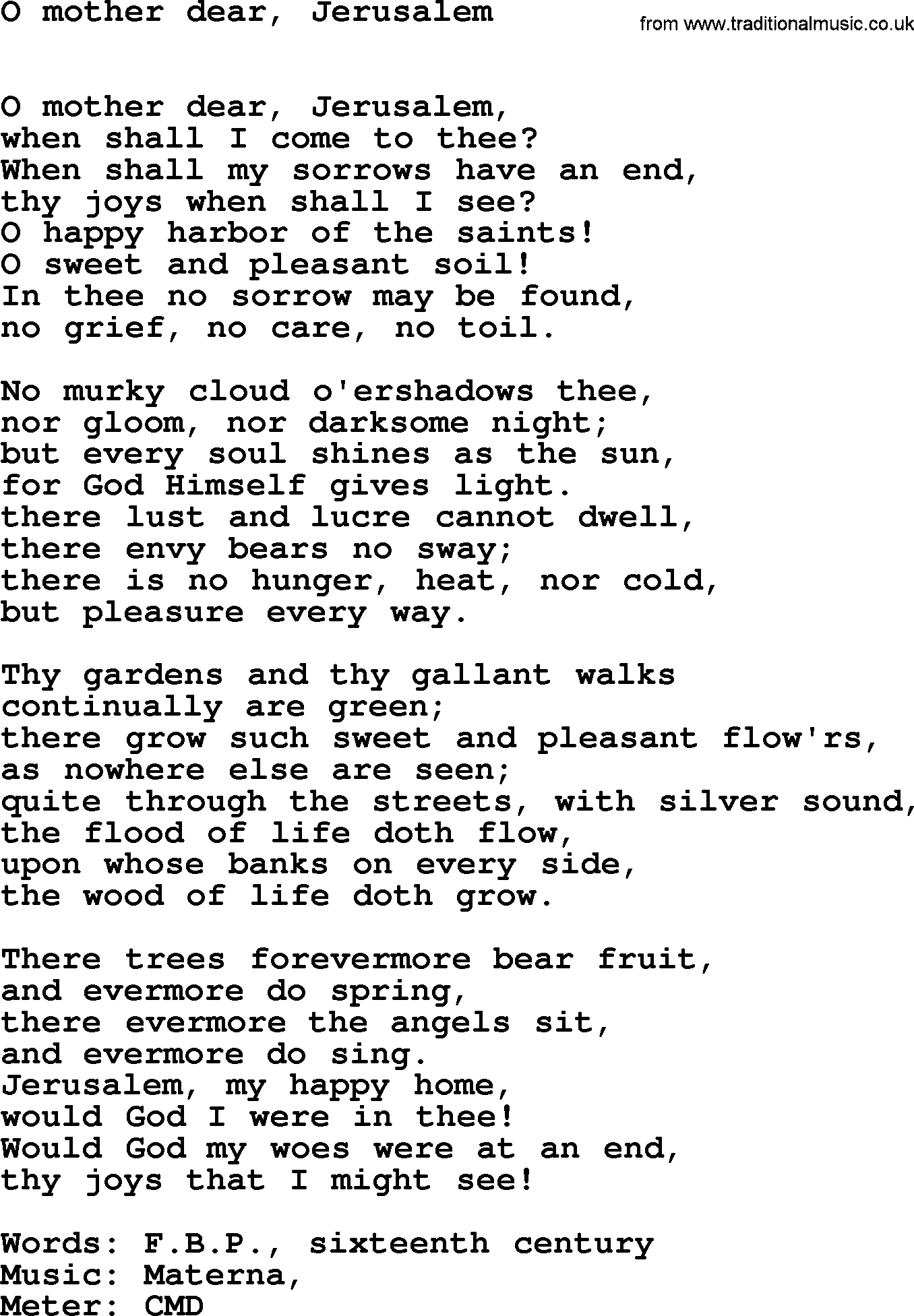 Book of Common Praise Hymn: O Mother Dear, Jerusalem.txt lyrics with midi music