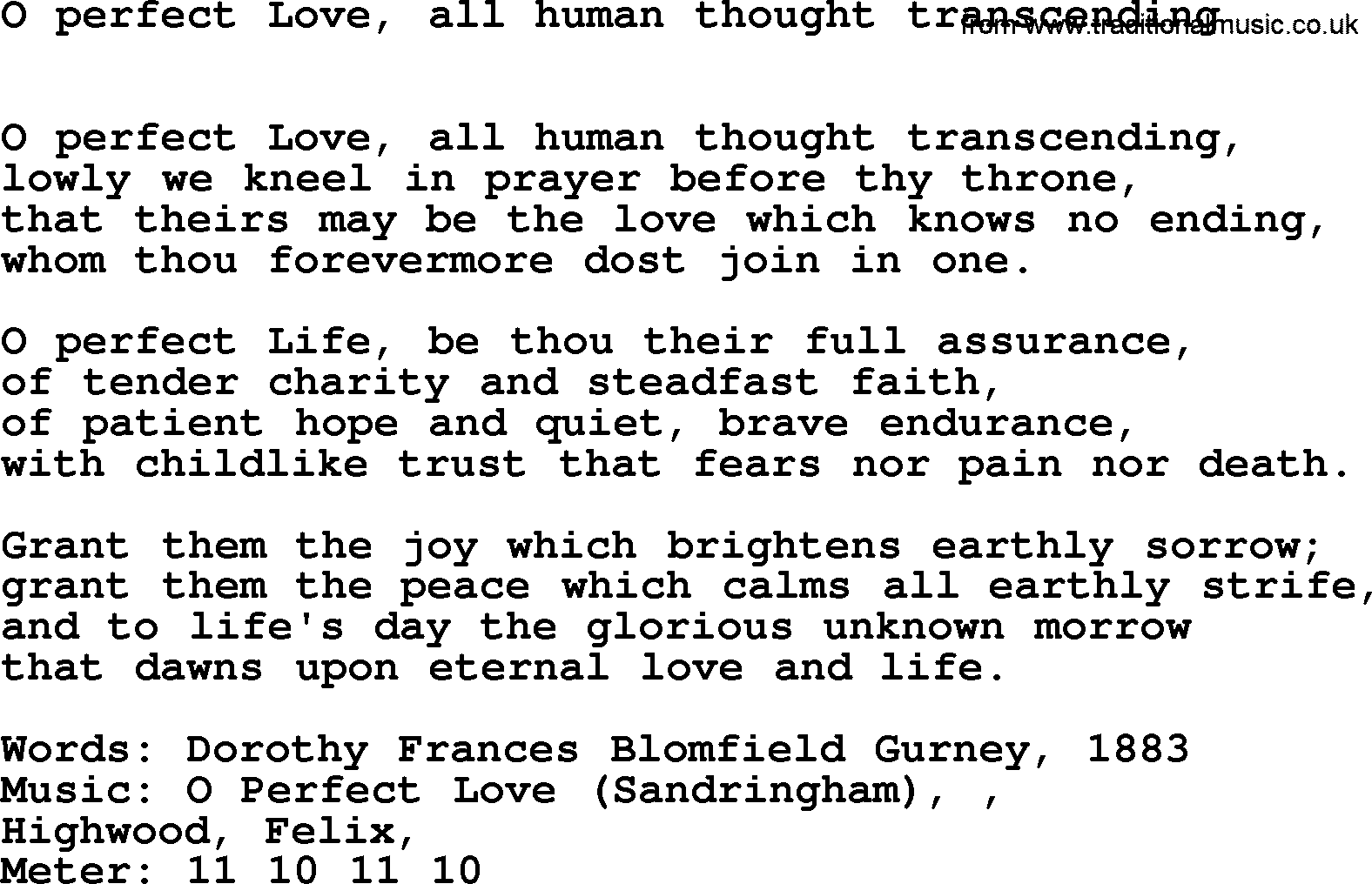Book of Common Praise Hymn: O Perfect Love, All Human Thought Transcending.txt lyrics with midi music