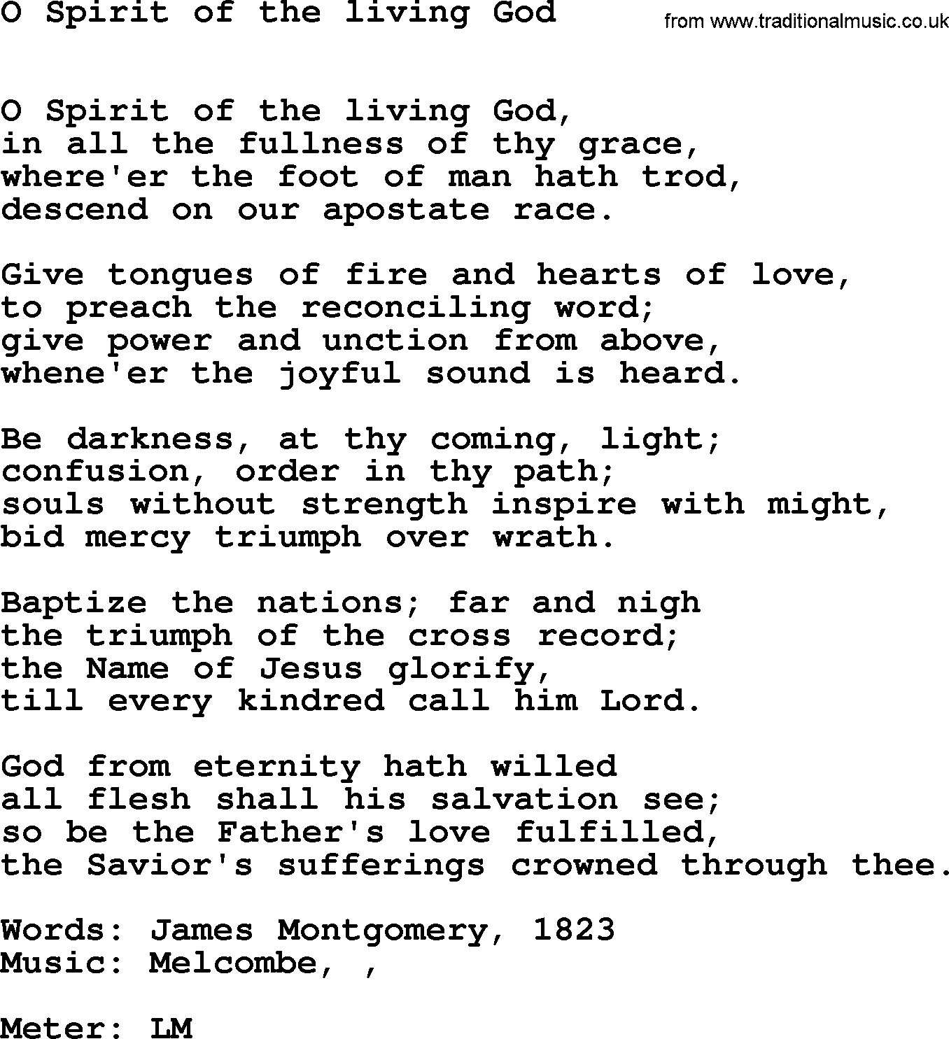 Book of Common Praise Hymn: O Spirit Of The Living God.txt lyrics with midi music