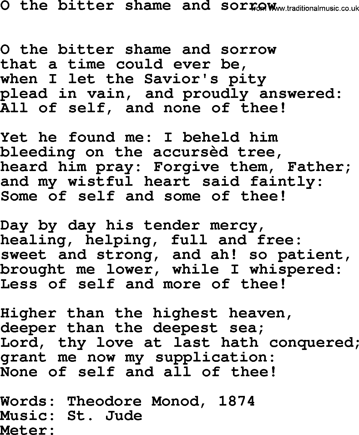 Book of Common Praise Hymn: O The Bitter Shame And Sorrow.txt lyrics with midi music