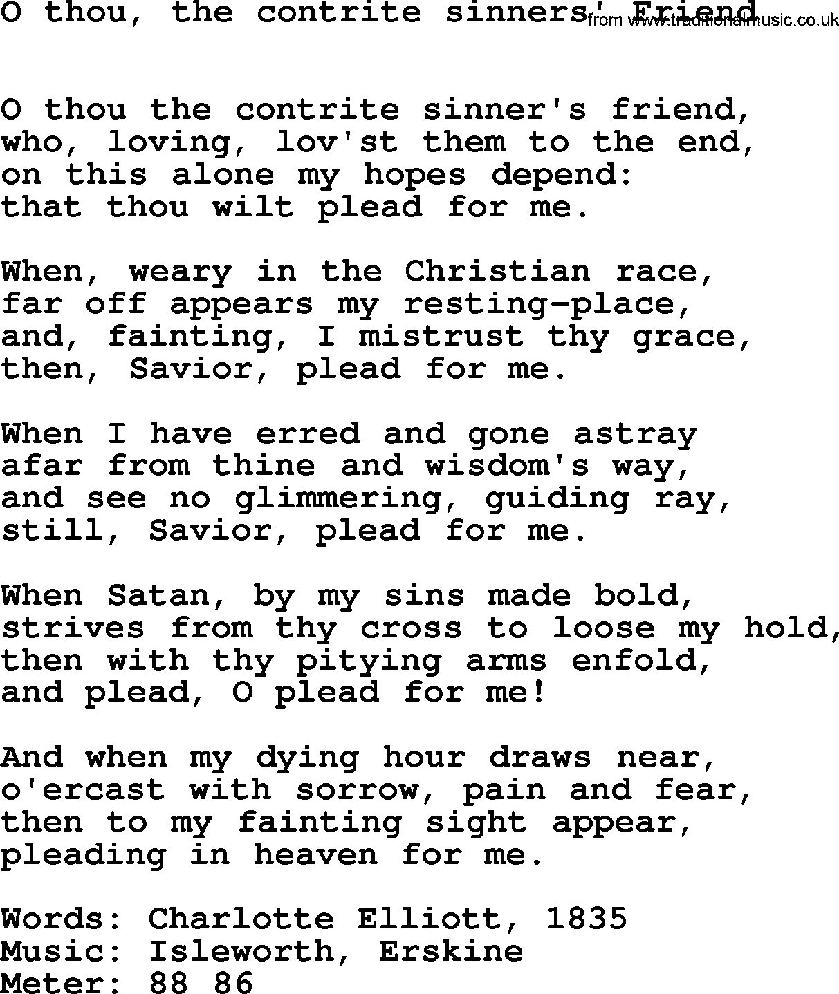 Book of Common Praise Hymn: O Thou, The Contrite Sinners' Friend.txt lyrics with midi music