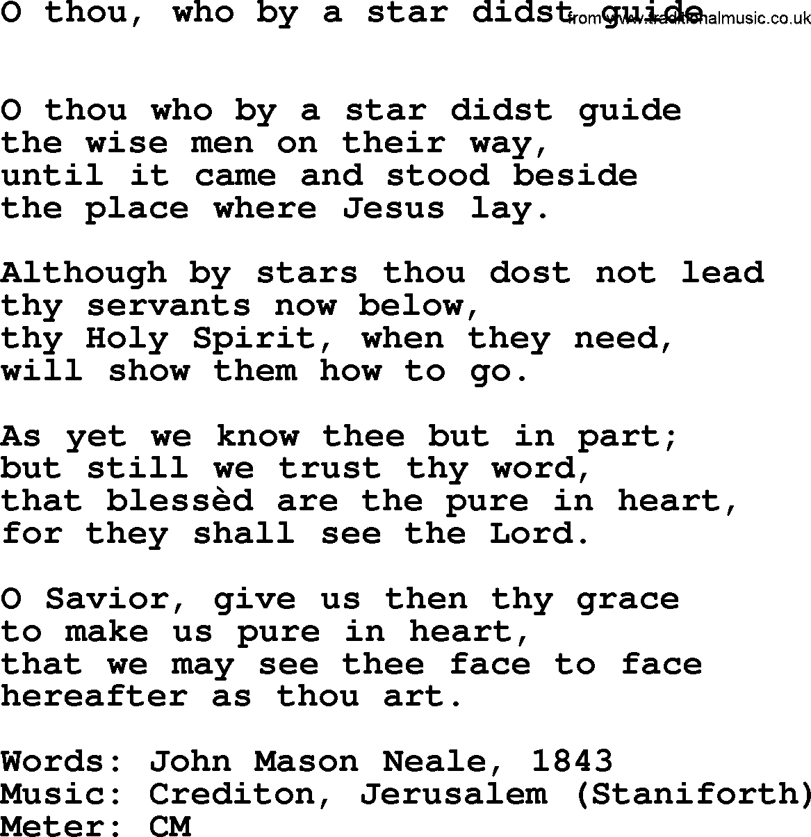 Book of Common Praise Hymn: O Thou, Who By A Star Didst Guide.txt lyrics with midi music