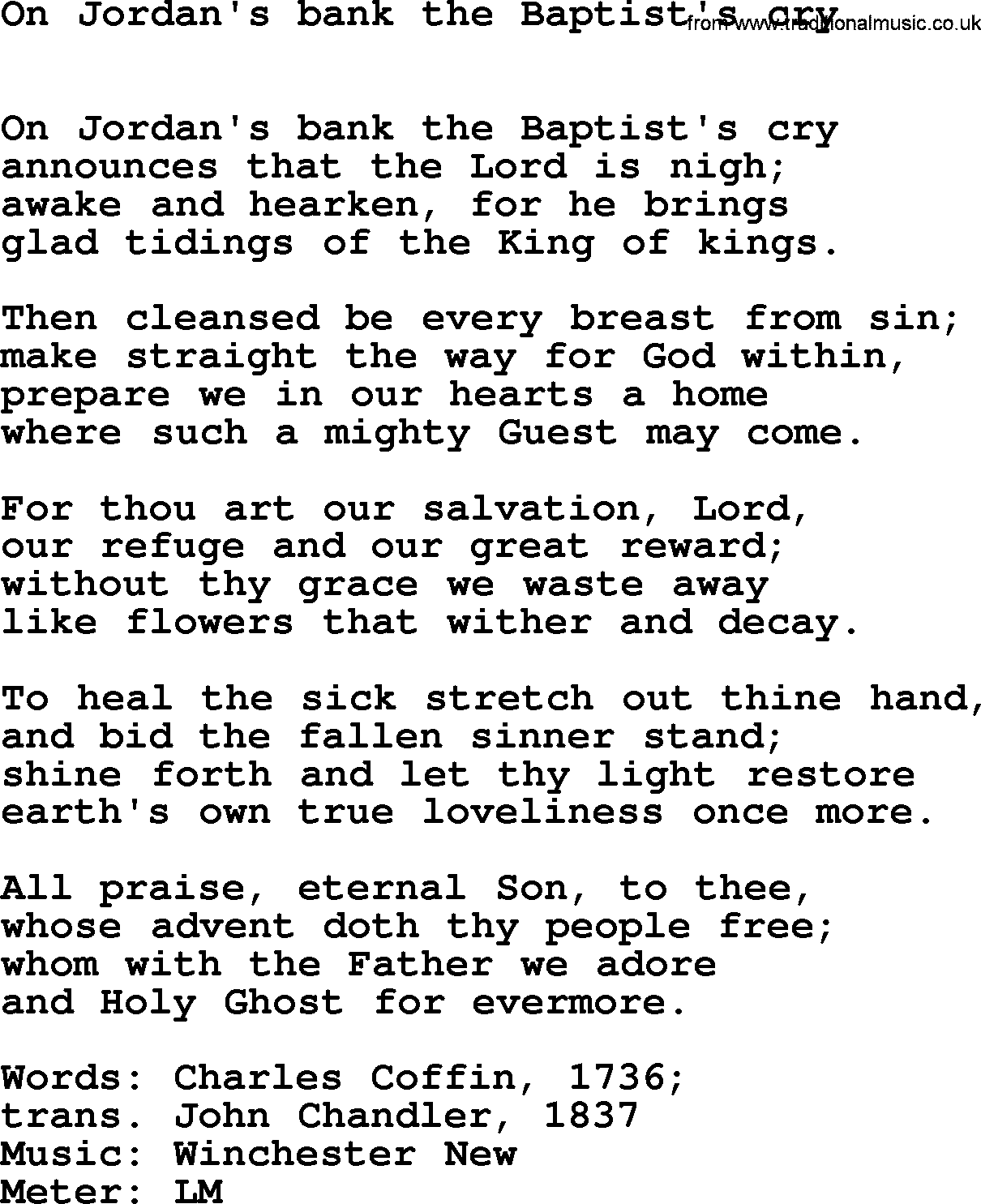 Book of Common Praise Hymn: On Jordan's Bank The Baptist's Cry.txt lyrics with midi music