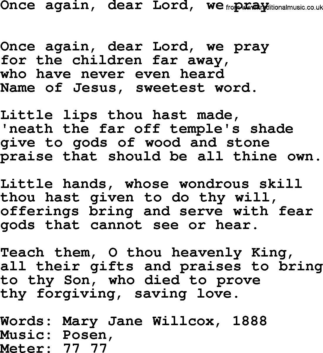 Book of Common Praise Hymn: Once Again, Dear Lord, We Pray.txt lyrics with midi music