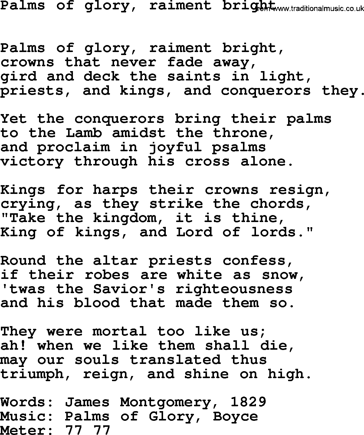 Book of Common Praise Hymn: Palms Of Glory, Raiment Bright.txt lyrics with midi music