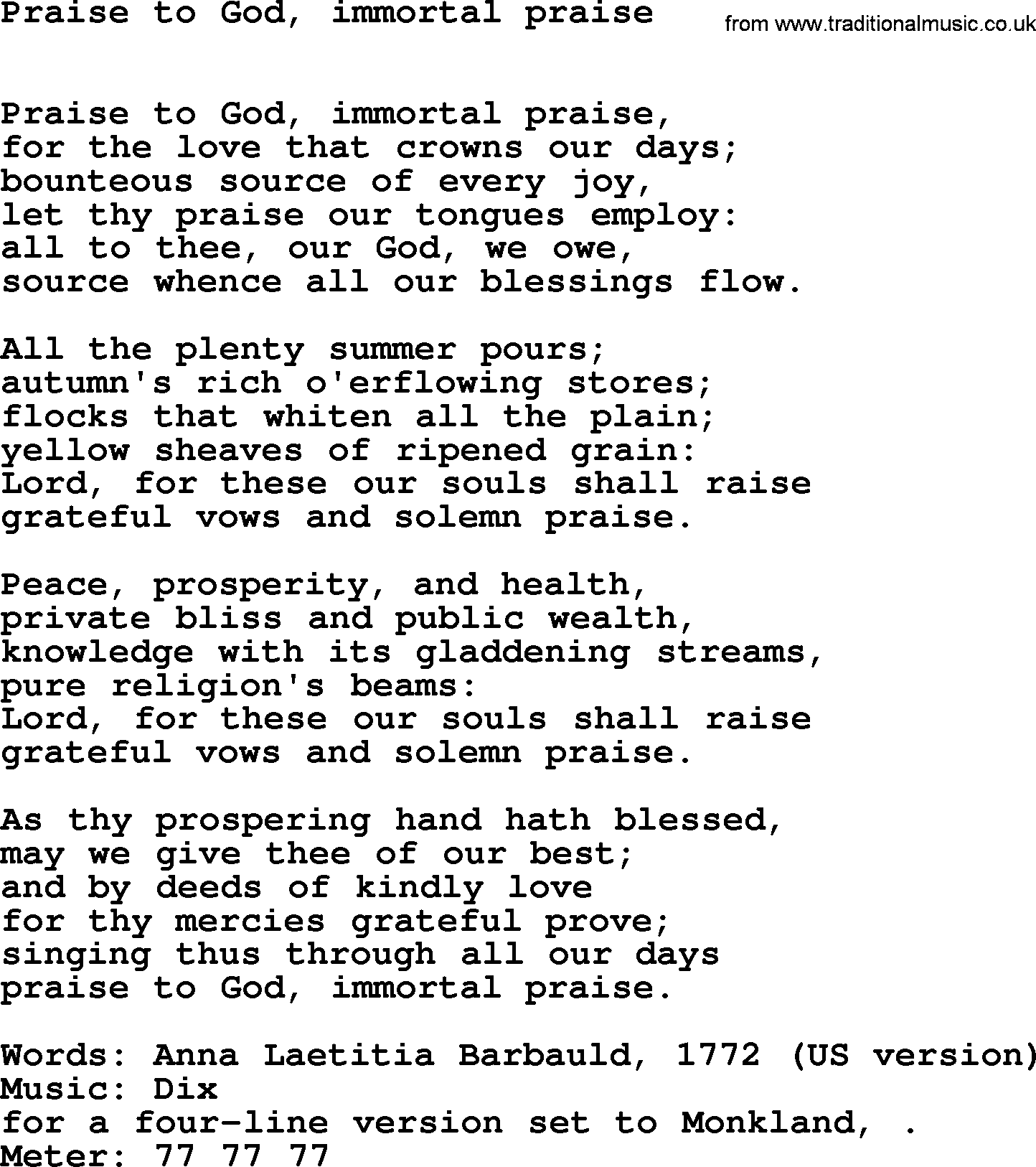Book of Common Praise Hymn: Praise To God, Immortal Praise.txt lyrics with midi music