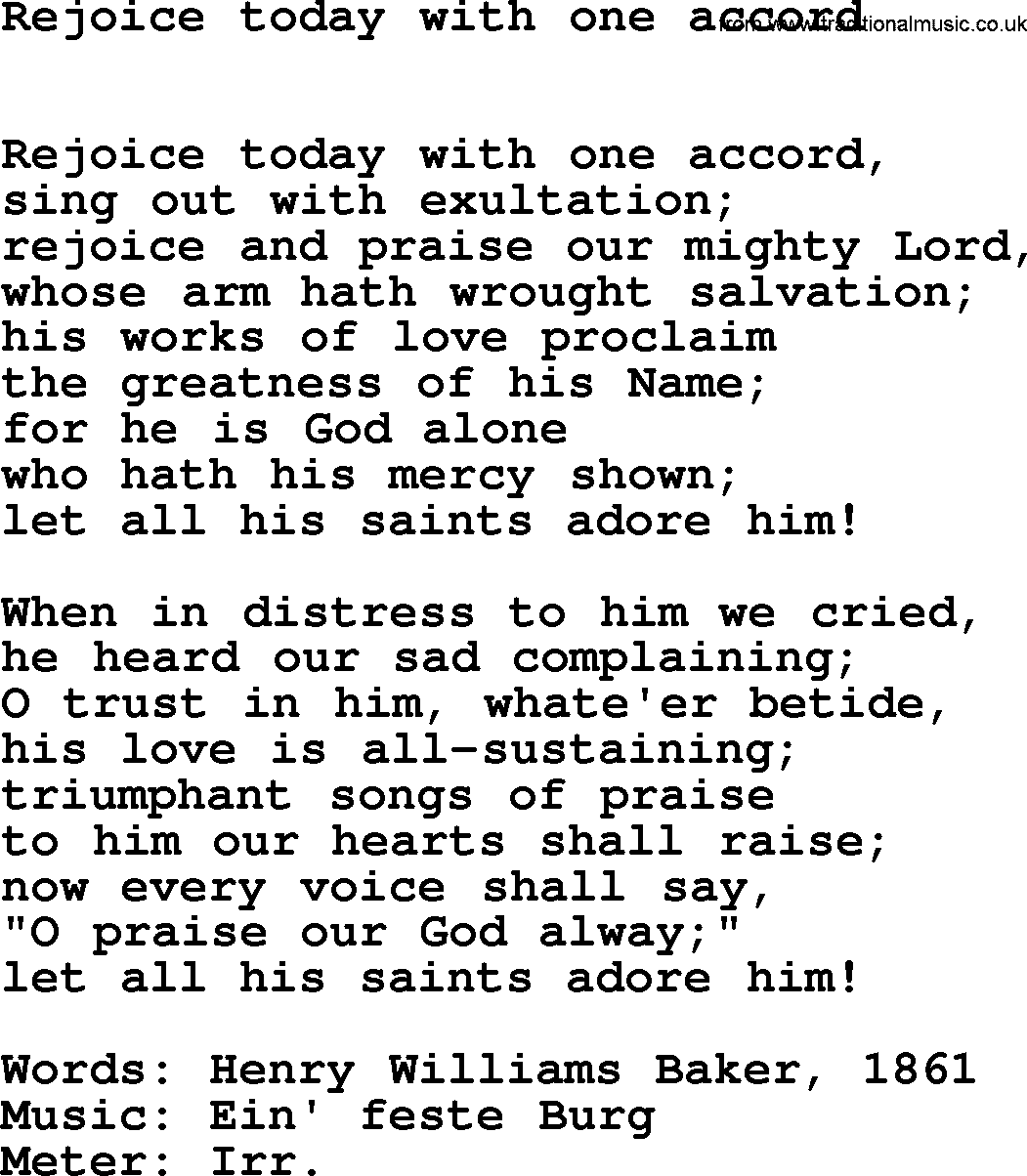 Book of Common Praise Hymn: Rejoice Today With One Accord.txt lyrics with midi music