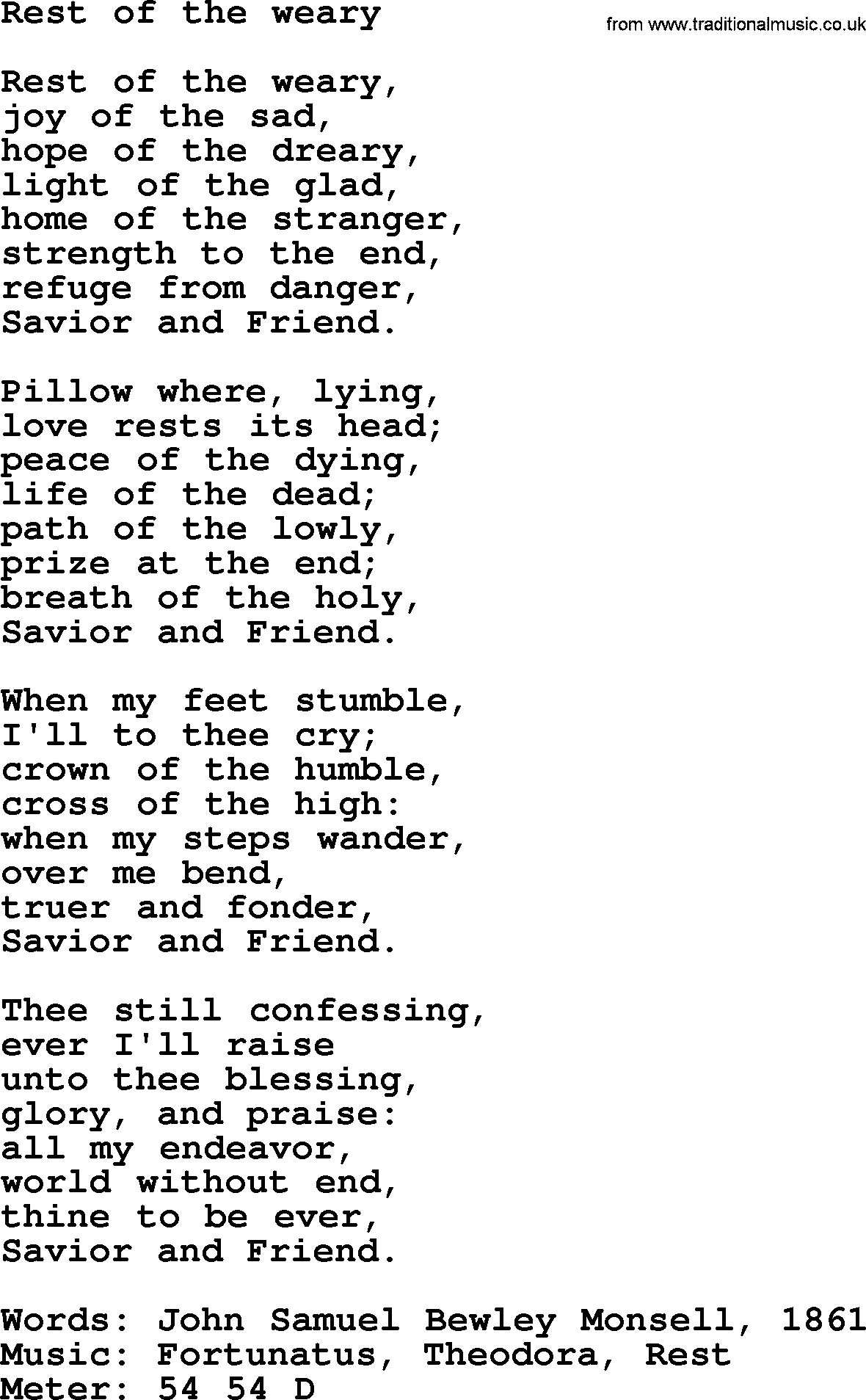 Book of Common Praise Hymn: Rest Of The Weary.txt lyrics with midi music