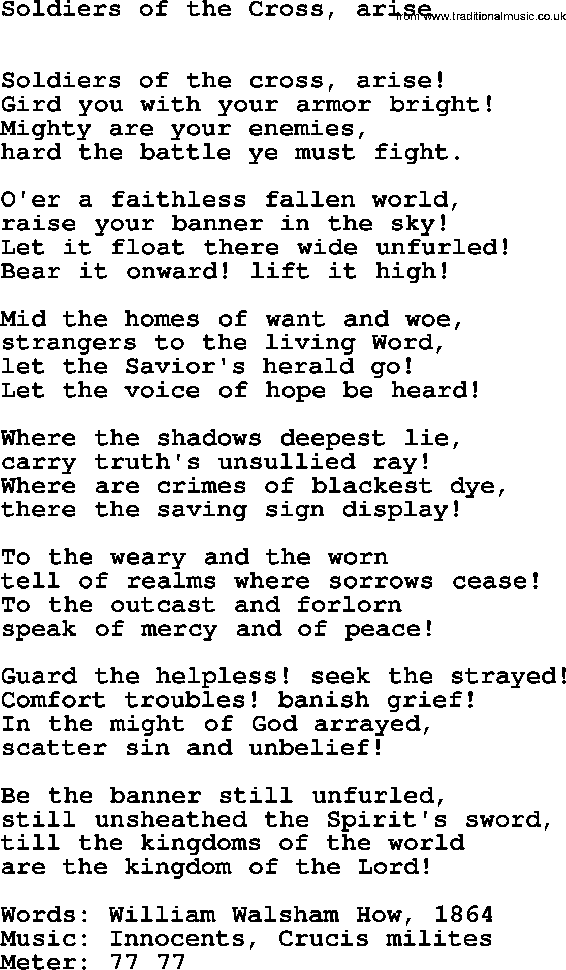 Book of Common Praise Hymn: Soldiers Of The Cross, Arise.txt lyrics with midi music