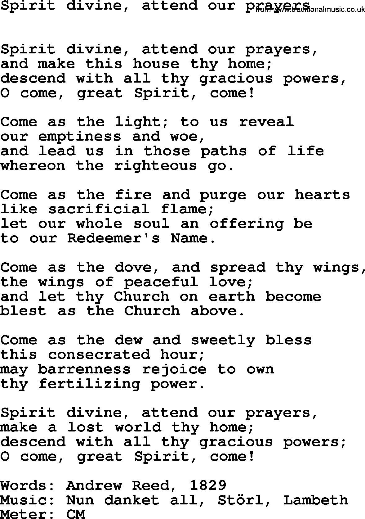 Book of Common Praise Hymn: Spirit Divine, Attend Our Prayers.txt lyrics with midi music
