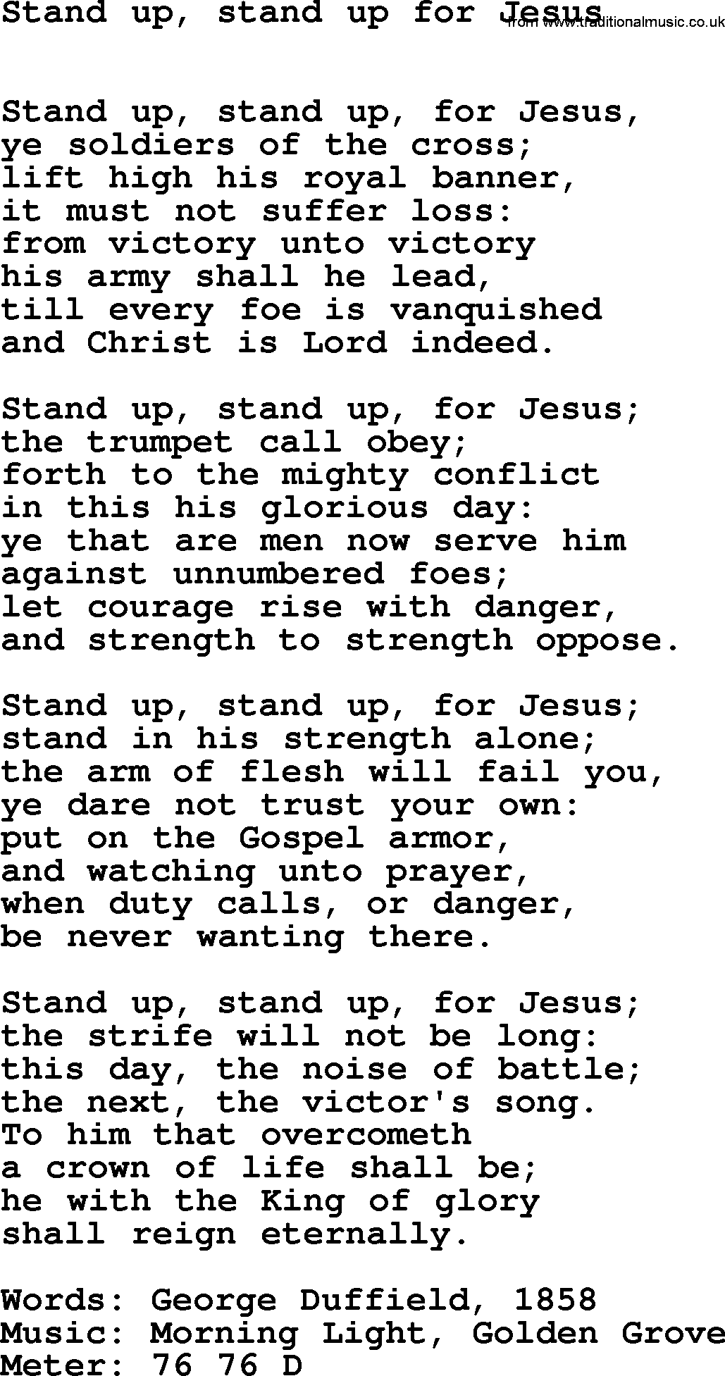 Book of Common Praise Hymn: Stand Up, Stand Up For Jesus.txt lyrics with midi music