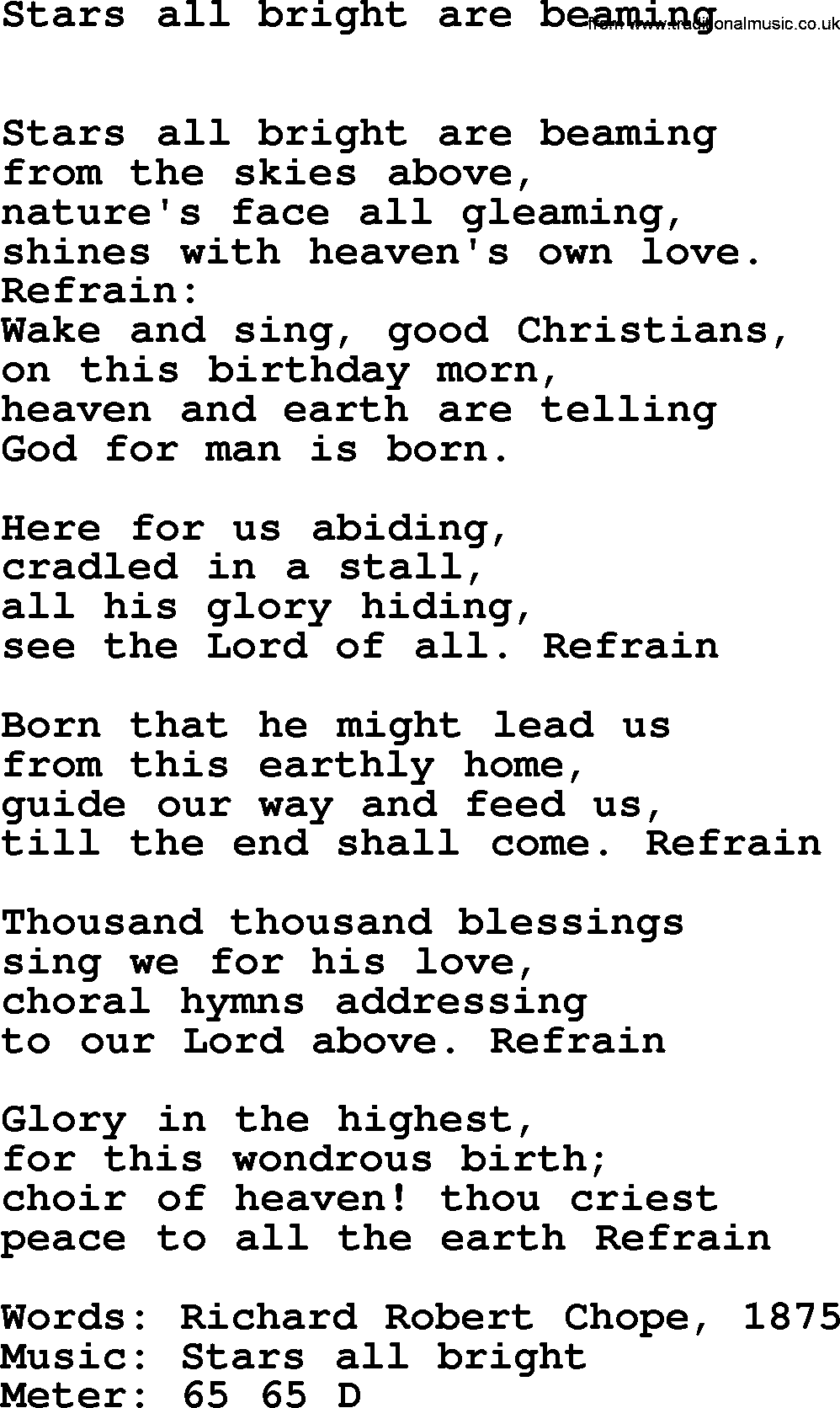 Book of Common Praise Hymn: Stars All Bright Are Beaming.txt lyrics with midi music