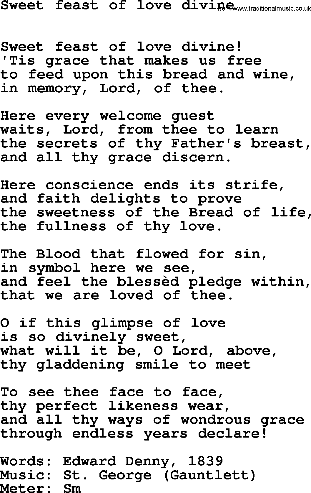 Book of Common Praise Hymn: Sweet Feast Of Love Divine.txt lyrics with midi music