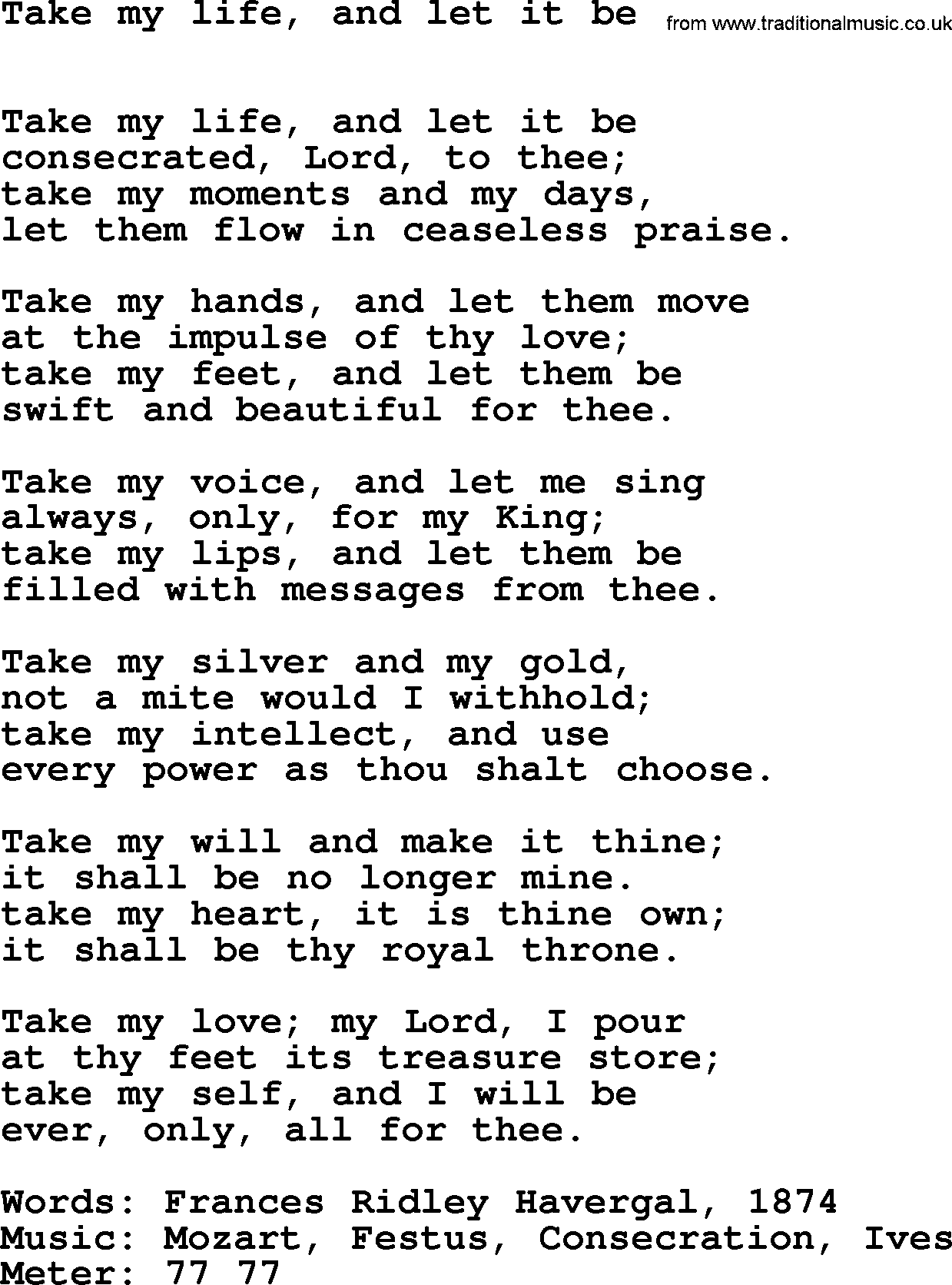 Book of Common Praise Hymn: Take My Life, And Let It Be.txt lyrics with midi music