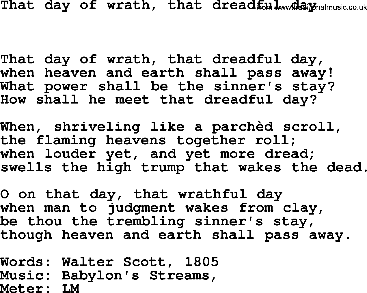 Book of Common Praise Hymn: That Day Of Wrath, That Dreadful Day.txt lyrics with midi music
