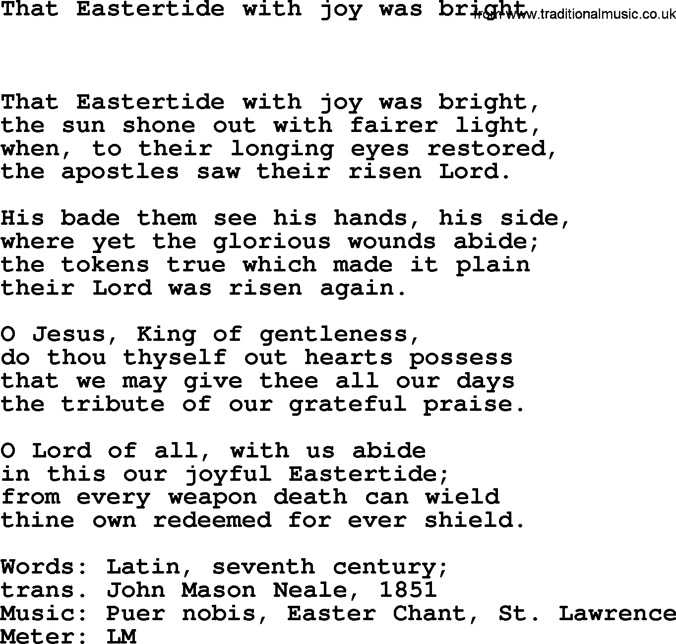 Book of Common Praise Hymn: That Eastertide With Joy Was Bright.txt lyrics with midi music