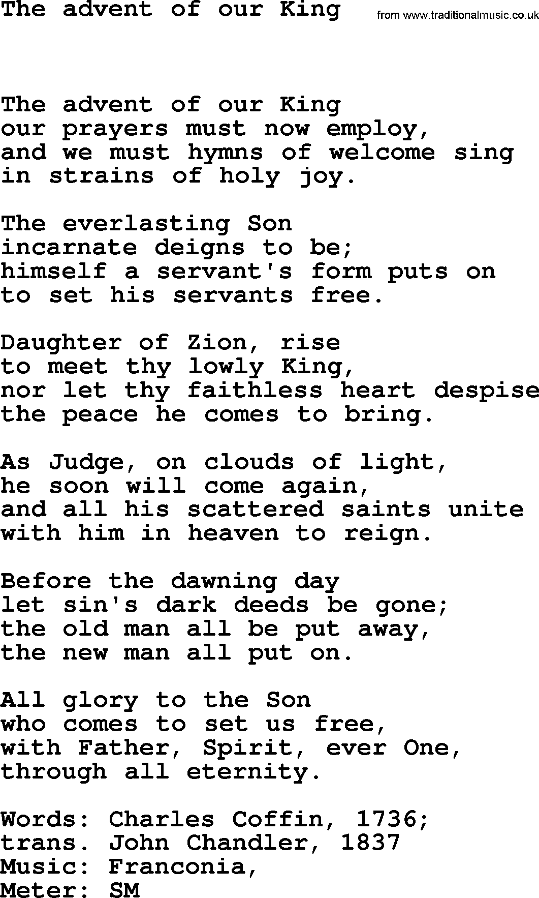 Book of Common Praise Hymn: The Advent Of Our King.txt lyrics with midi music