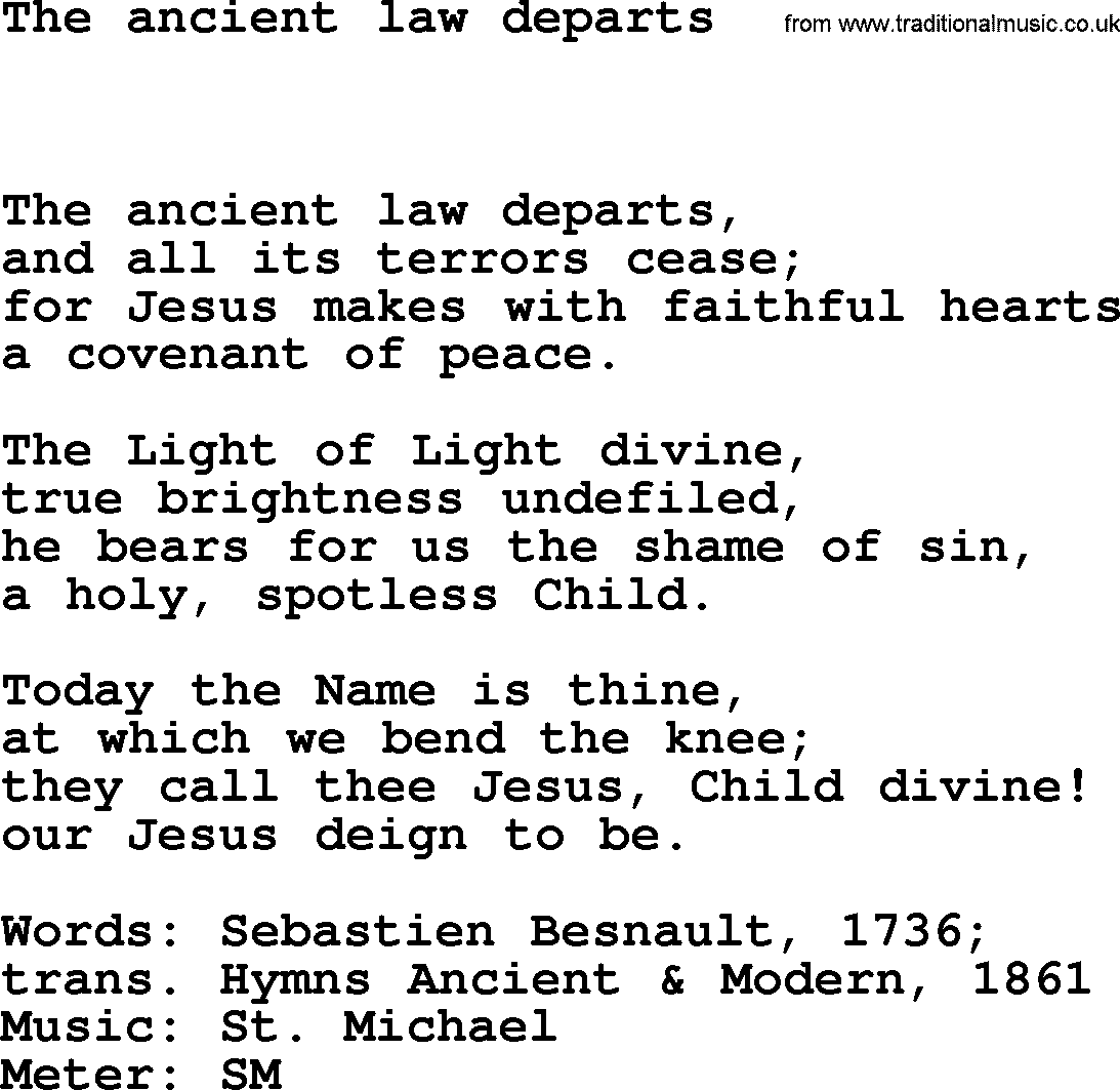 Book of Common Praise Hymn: The Ancient Law Departs.txt lyrics with midi music