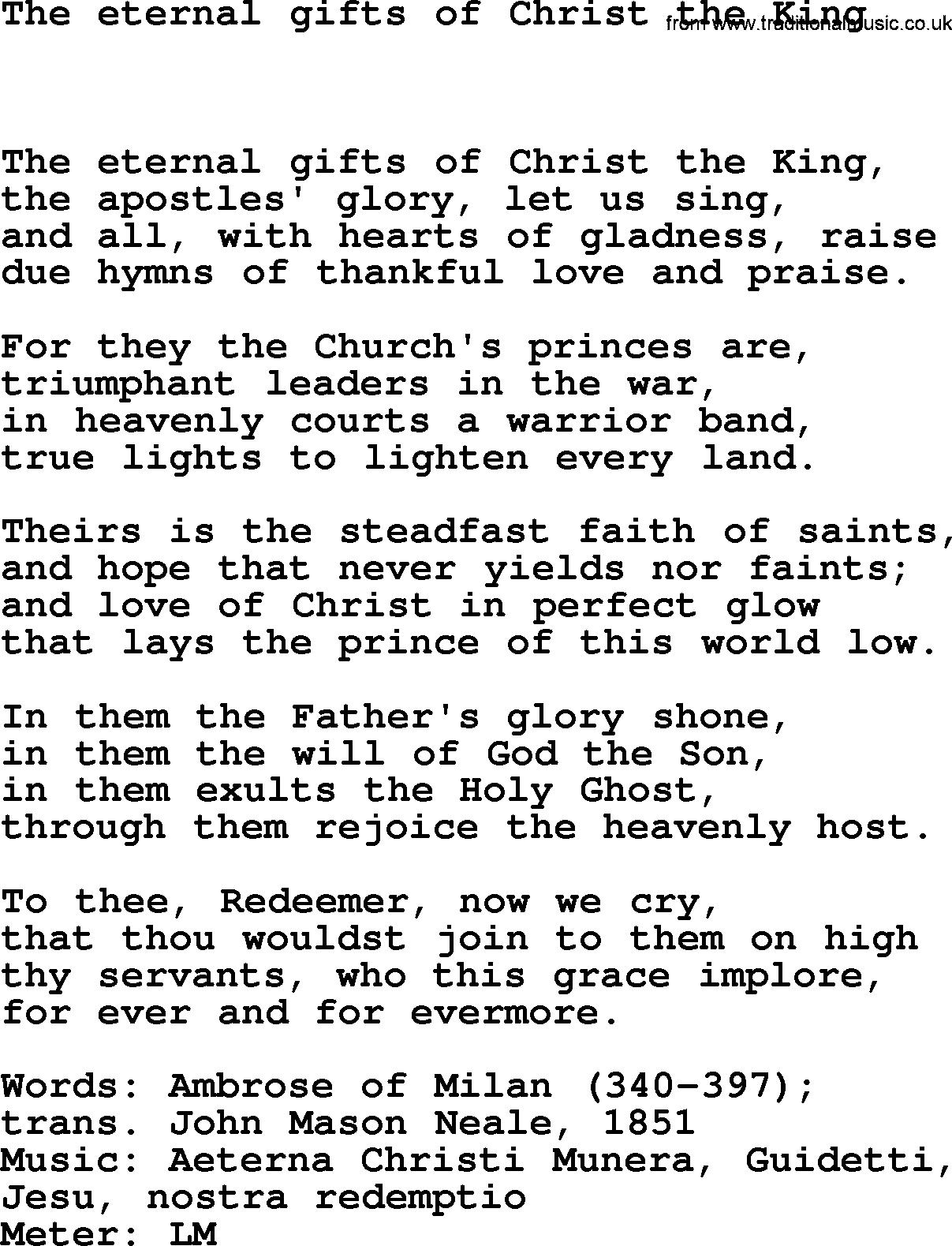 Book of Common Praise Hymn: The Eternal Gifts Of Christ The King.txt lyrics with midi music