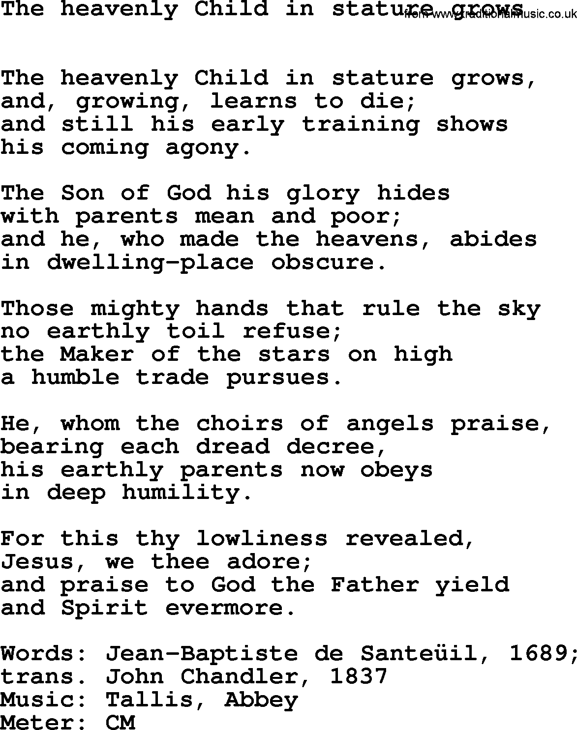 Book of Common Praise Hymn: The Heavenly Child In Stature Grows.txt lyrics with midi music