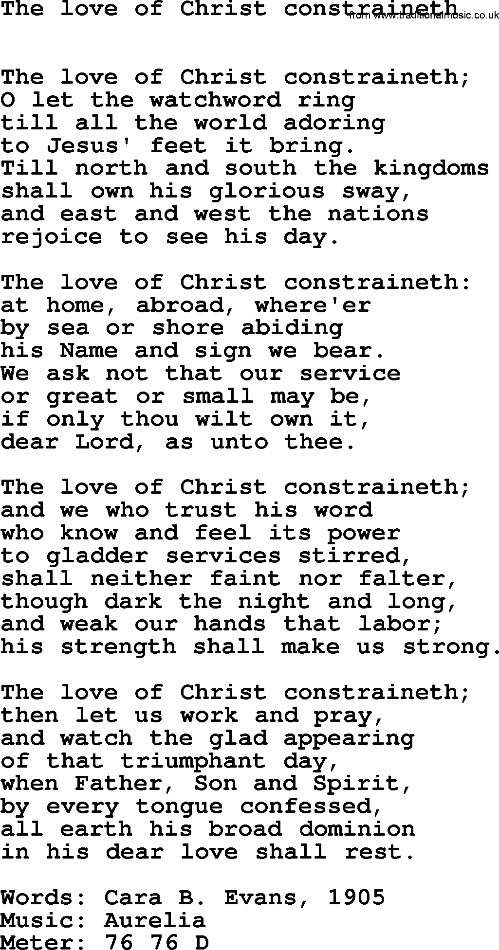 Book of Common Praise Hymn: The Love Of Christ Constraineth.txt lyrics with midi music