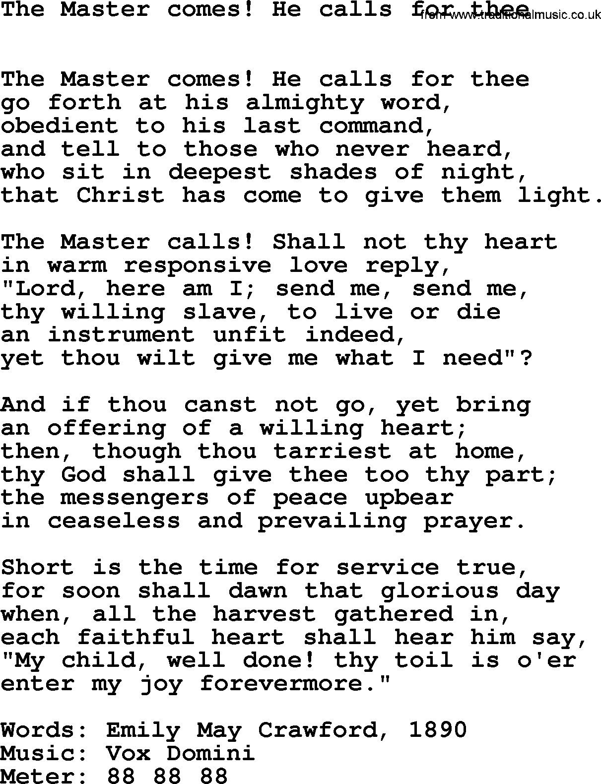 Book of Common Praise Hymn: The Master Comes! He Calls For Thee.txt lyrics with midi music