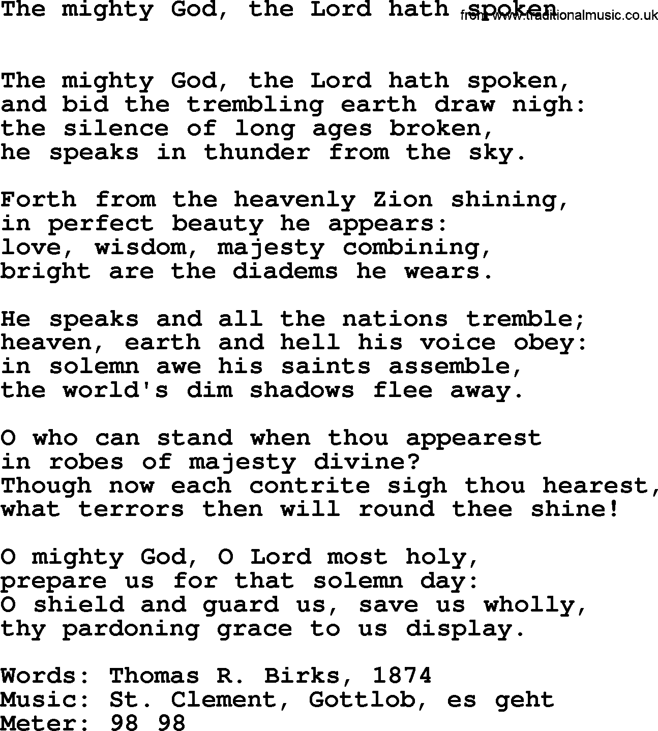 Book of Common Praise Hymn: The Mighty God, The Lord Hath Spoken.txt lyrics with midi music