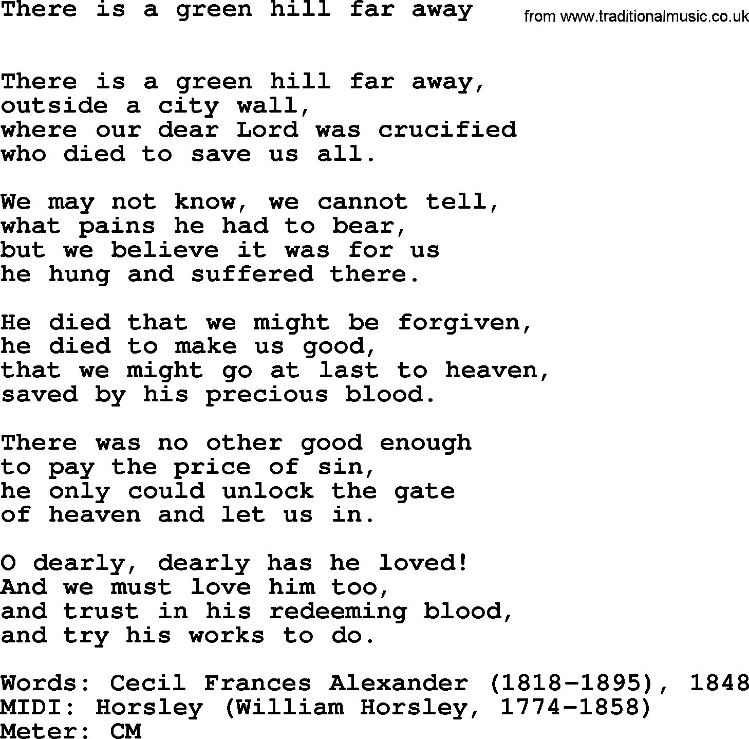 Book of Common Praise Hymn: There Is A Green Hill Far Away.txt lyrics with midi music